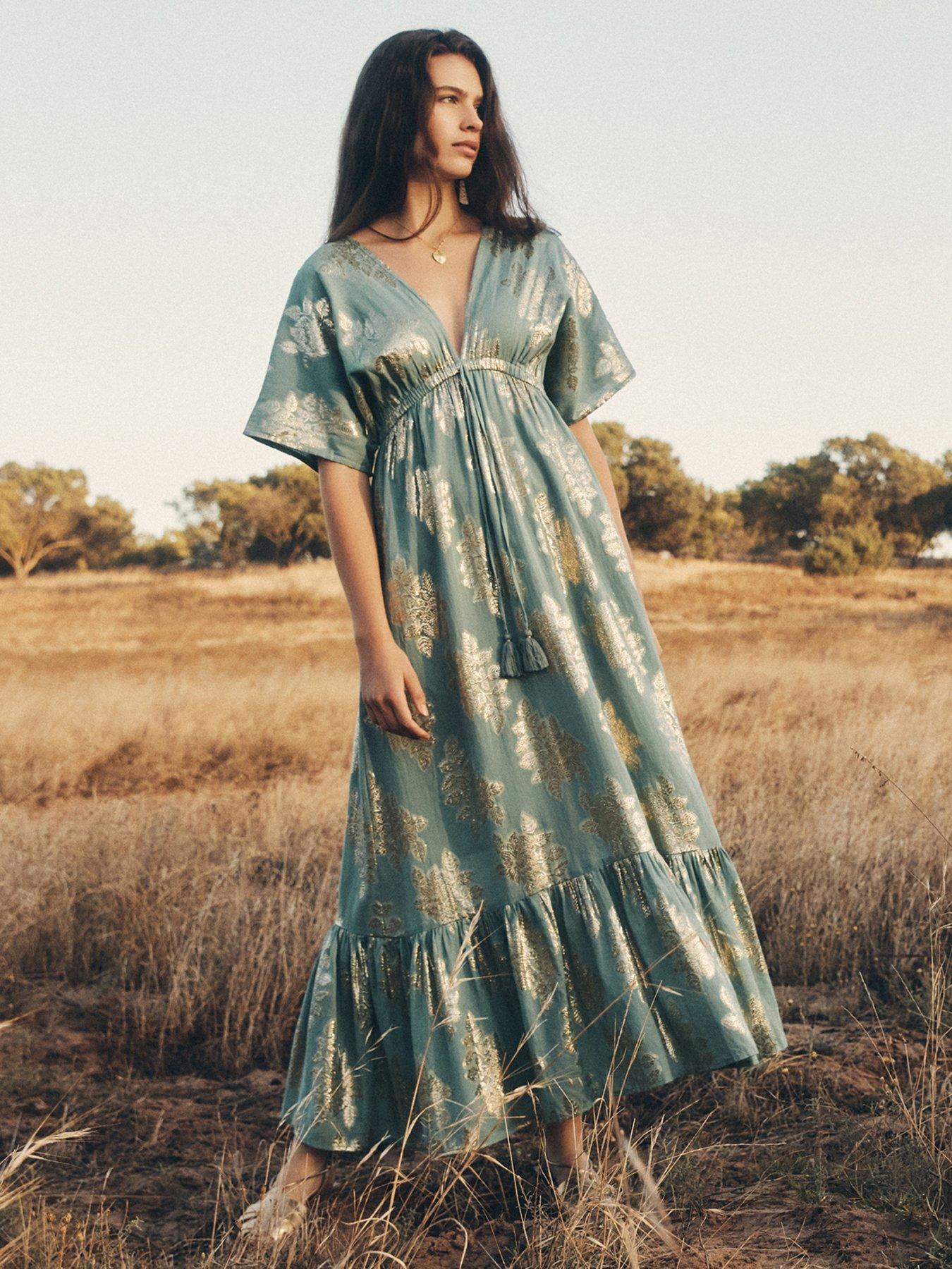 apricot green floral dress Joie Puff Sleeve Shirred Dress Floral Print Apricot/Green main image 0