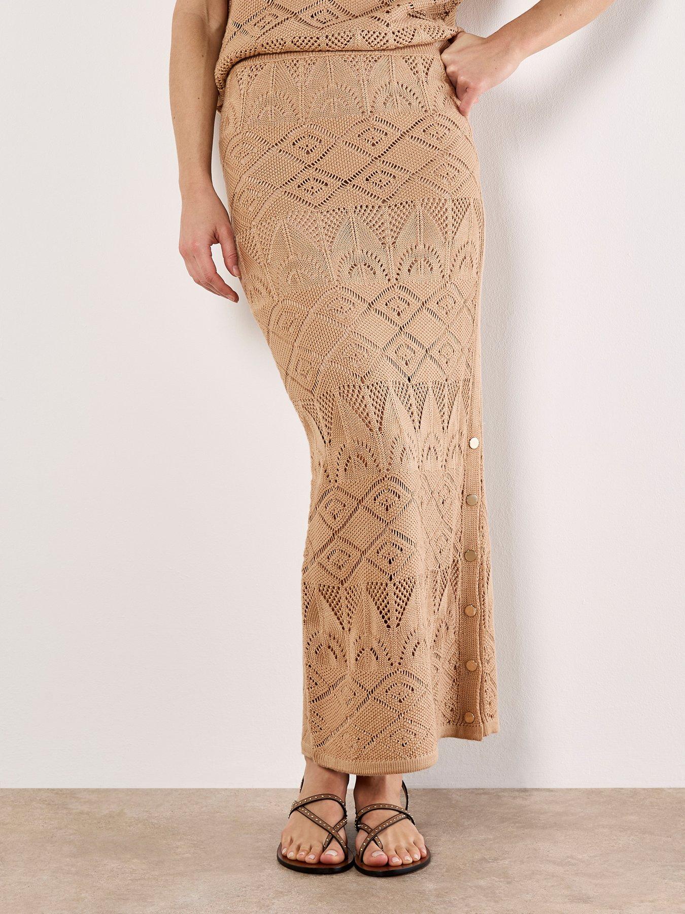 undefined Mixed Pointelle Knit Maxi Skirt - Cream