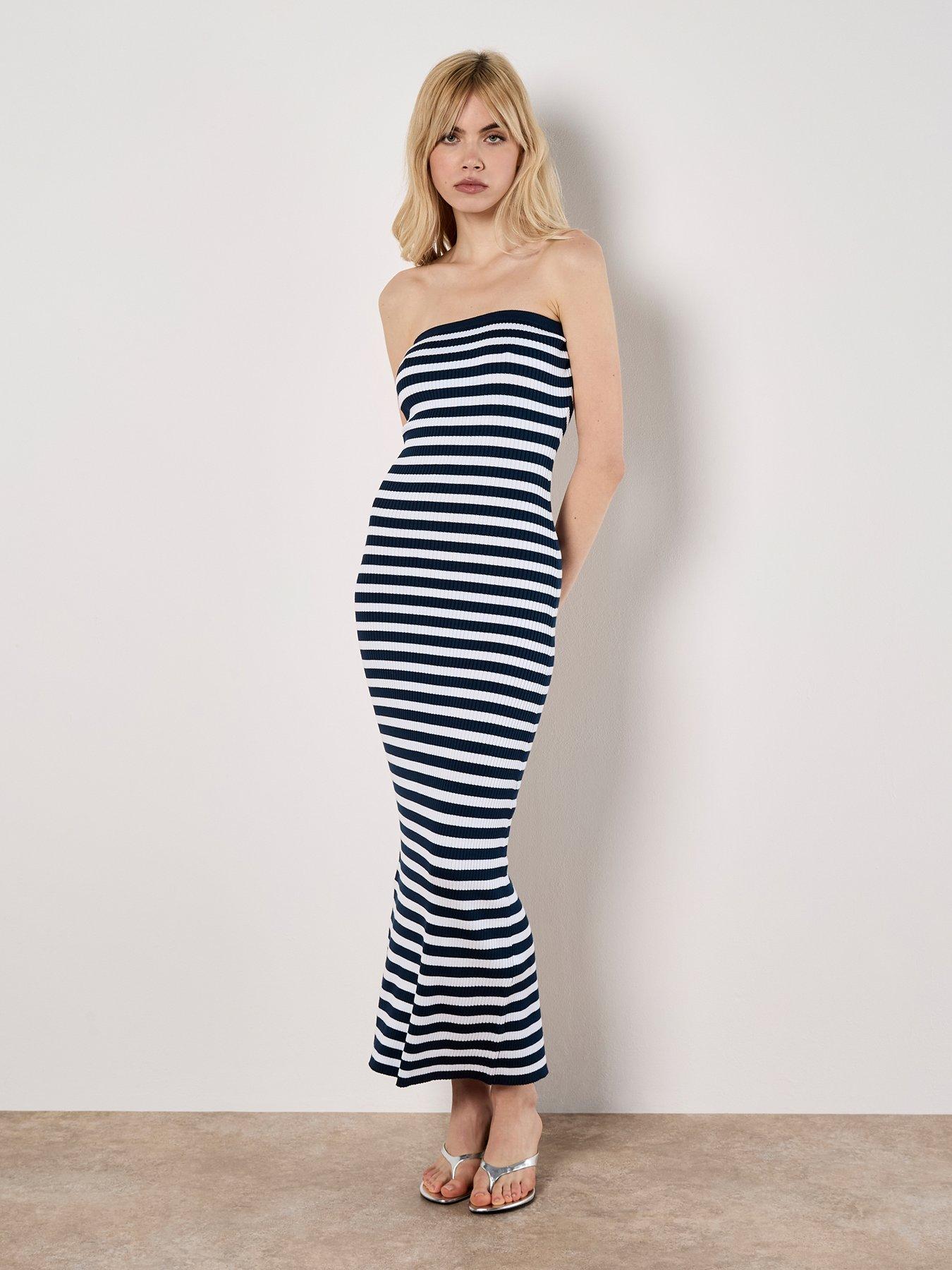 Image 1 of 4 of Apricot Stripe Ribbed Bandeau Dress