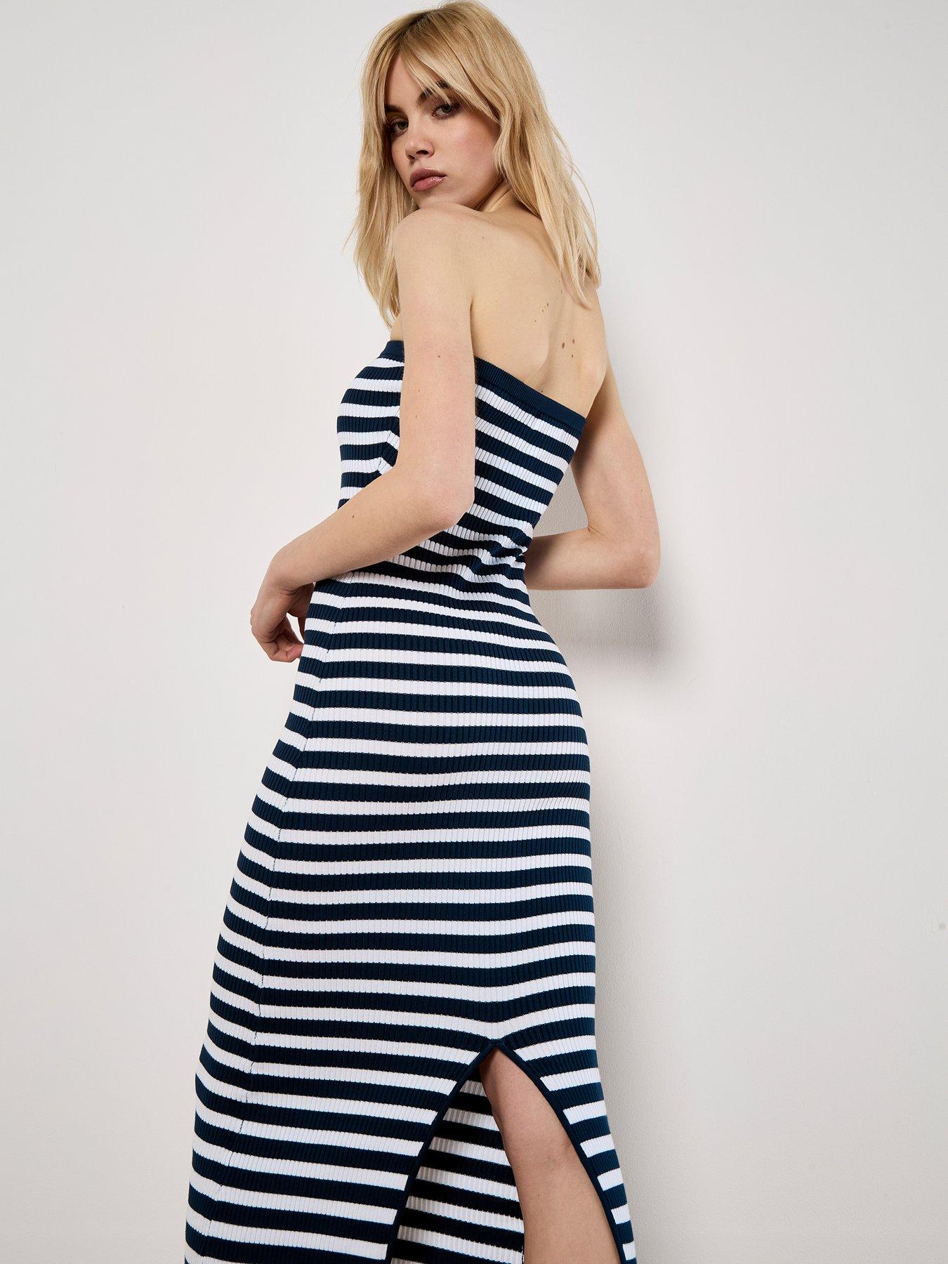 Image 2 of 4 of Apricot Stripe Ribbed Bandeau Dress