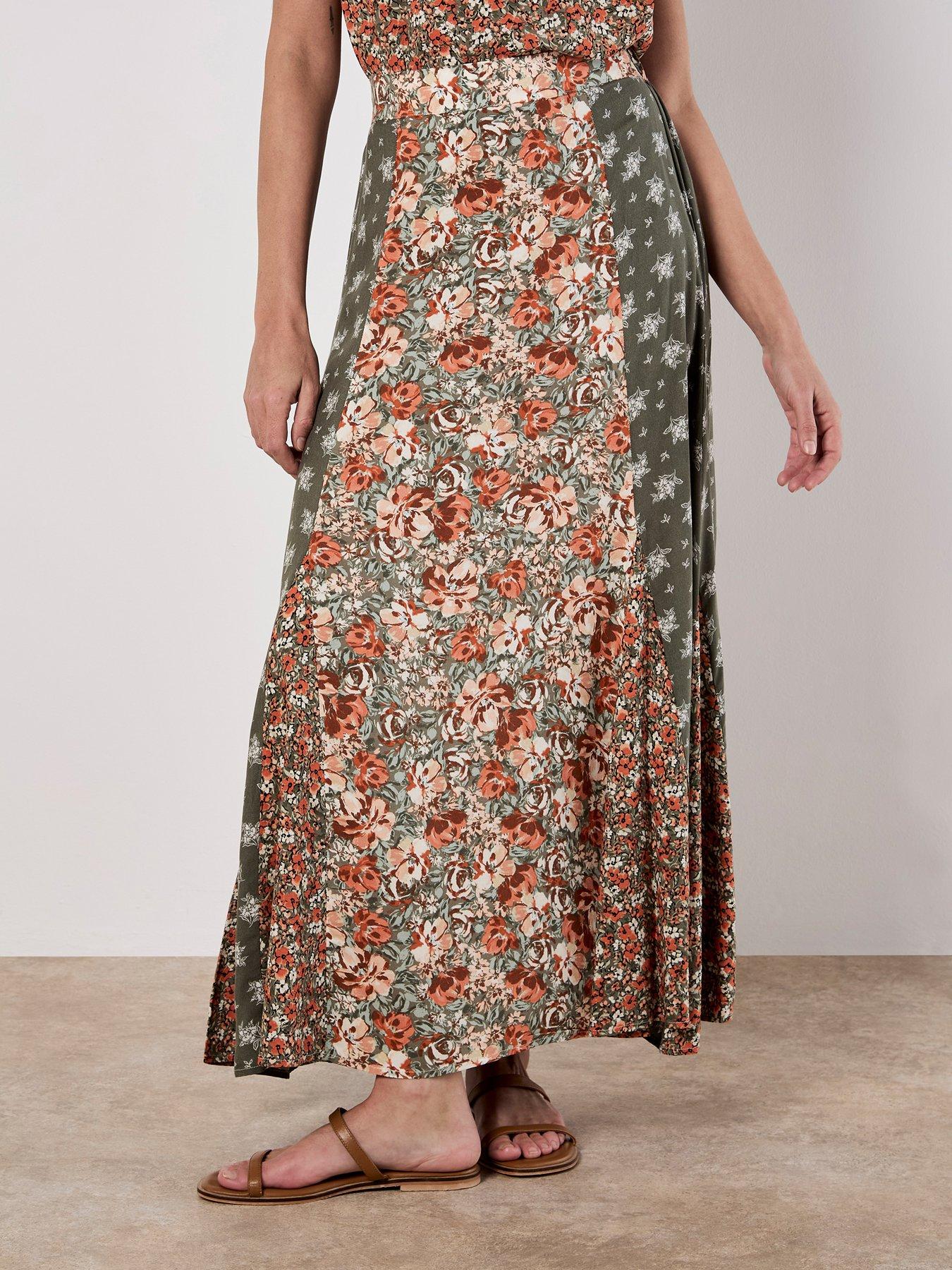 Image 1 of 5 of Apricot Floral Trio Patchwork Midi Skirt