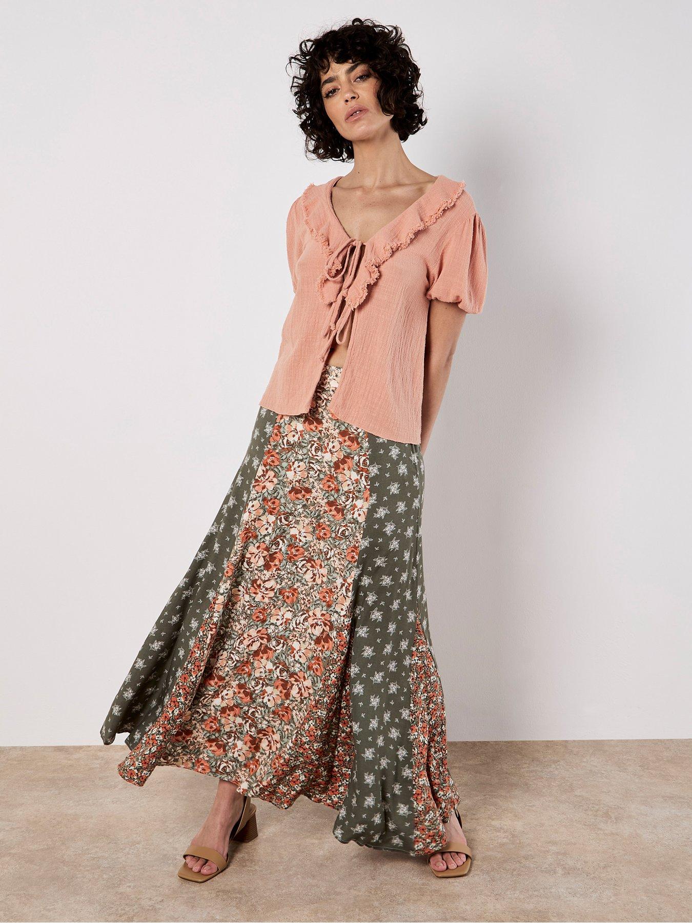 Image 3 of 5 of Apricot Floral Trio Patchwork Midi Skirt