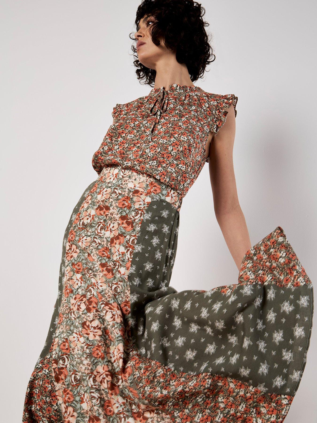 Image 4 of 5 of Apricot Floral Trio Patchwork Midi Skirt