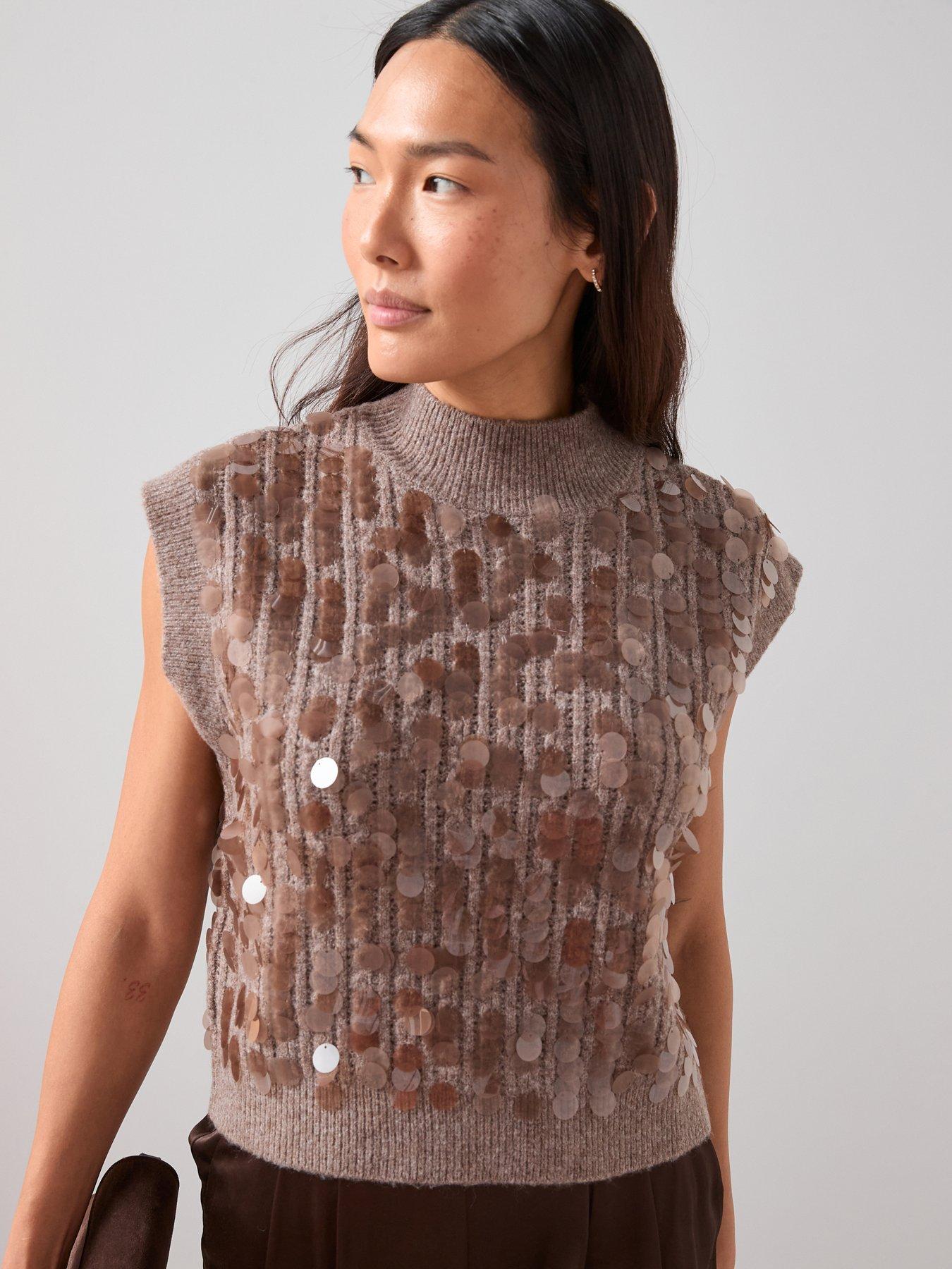 The Very Collection Style Yarn Funnel Neck Sleeveless Sequin Tank with Wool - Brown
