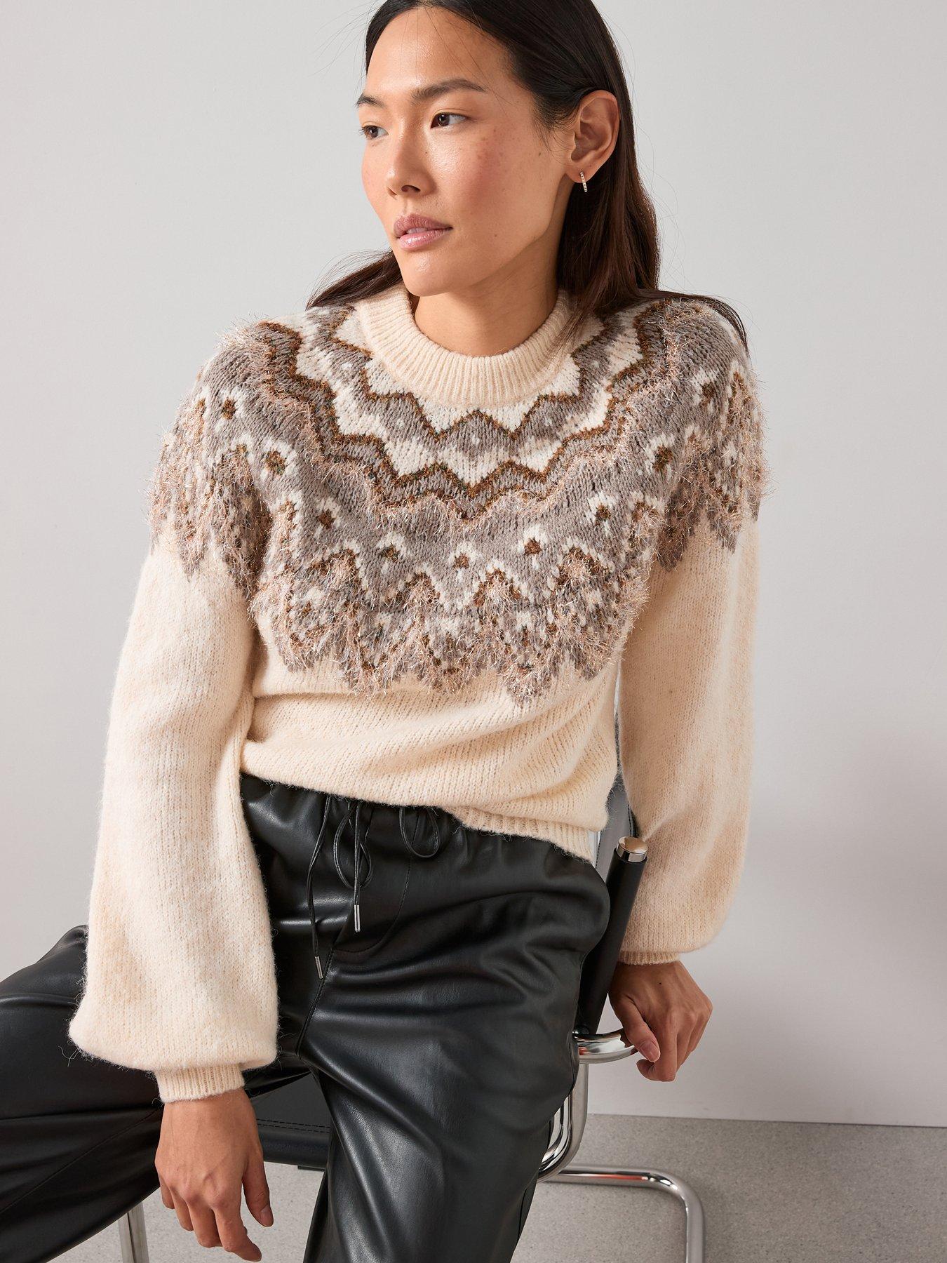 Image 1 of 7 of The Very Collection Crew Neck Lurex Fairisle Fine Knit Jumper With Wool - Cream