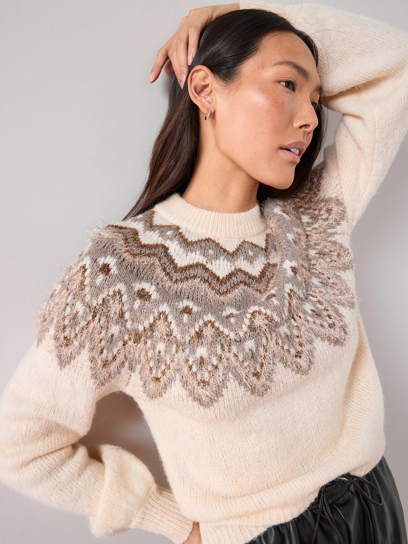 Image 5 of 7 of The Very Collection Crew Neck Lurex Fairisle Fine Knit Jumper With Wool - Cream