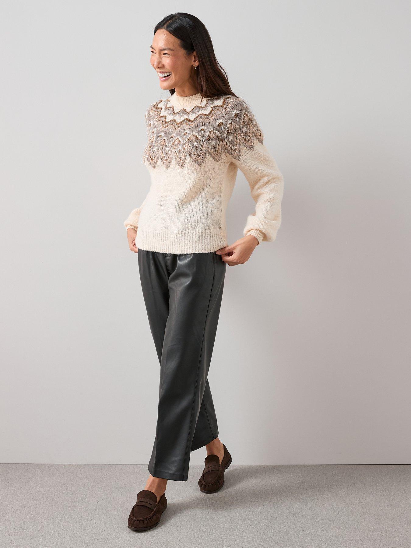 Image 6 of 7 of The Very Collection Crew Neck Lurex Fairisle Fine Knit Jumper With Wool - Cream
