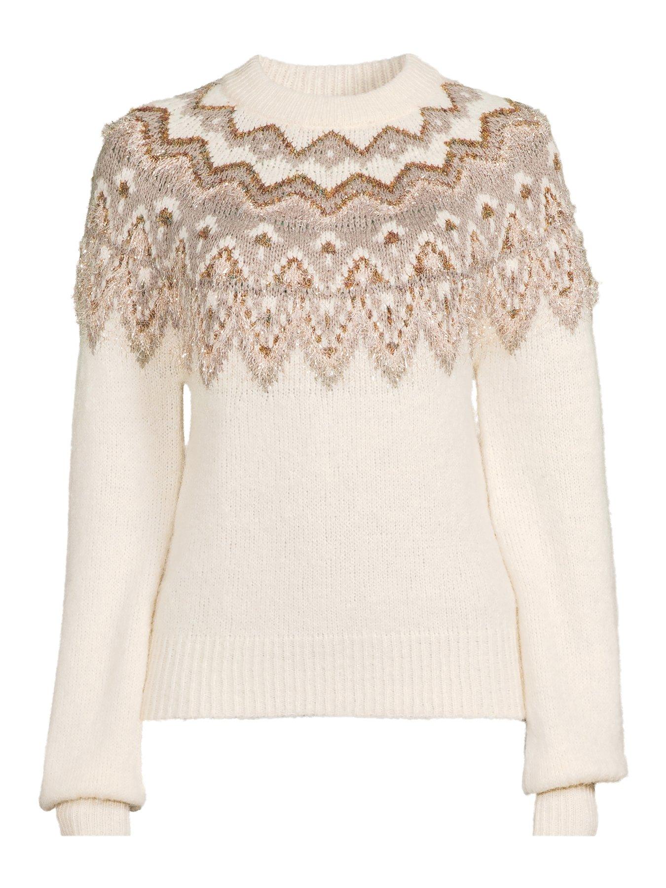 Image 7 of 7 of The Very Collection Crew Neck Lurex Fairisle Fine Knit Jumper With Wool - Cream