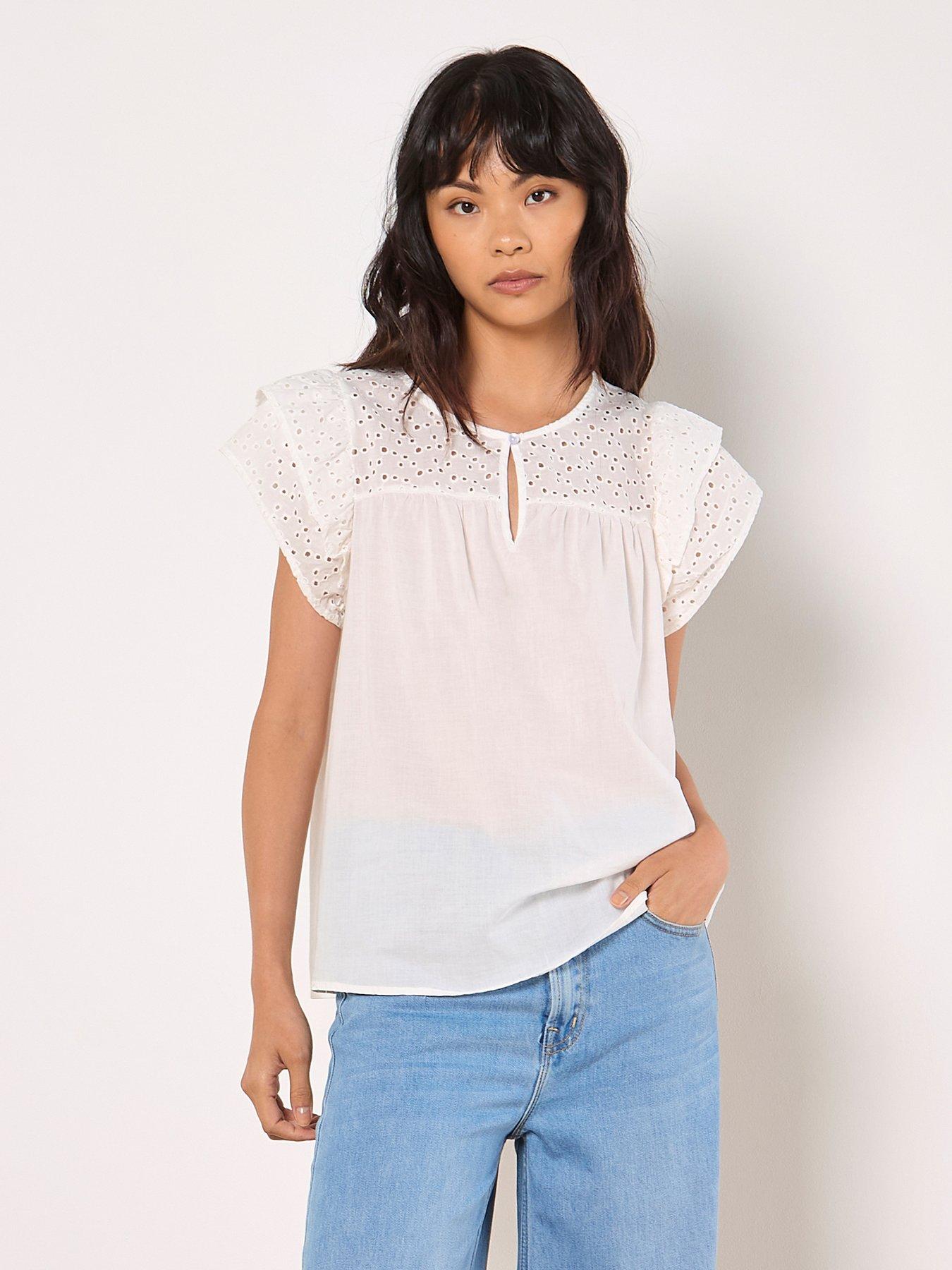 undefined Broderie Yoke Cotton Mix Top - White