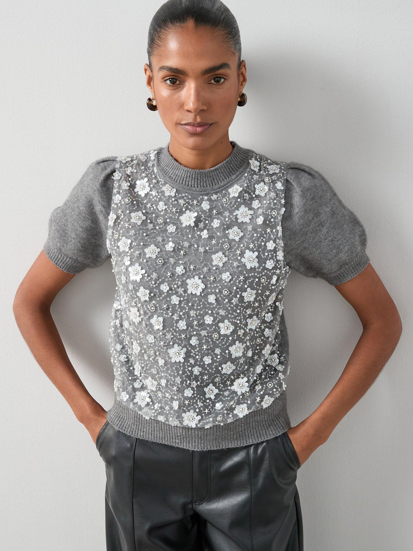 The Very Collection Short Sleeve Organza Overlay Knitted Jumper - Grey
