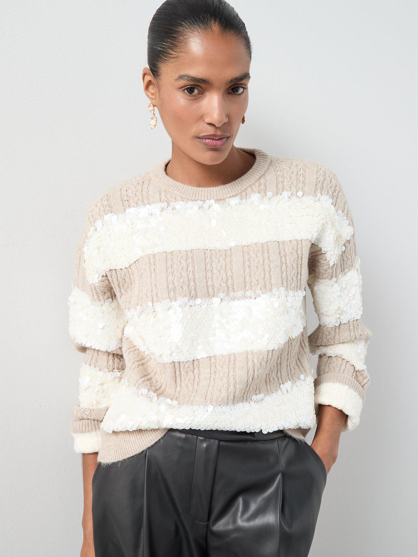 The Very Collection Crew Neck Sequin Cable Oversized Jumper - Beige