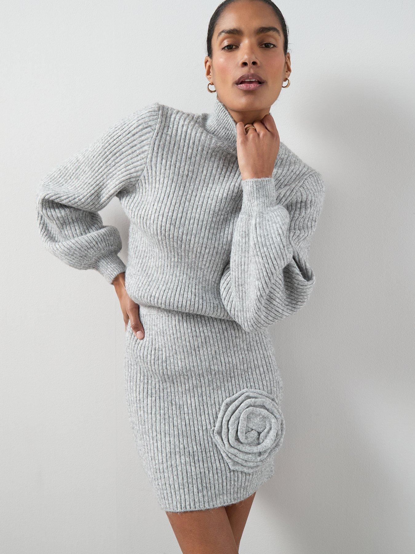 Image 1 of 6 of The Very Collection Timeless Yarn Funnel Neck 3D Flower Dress - Grey
