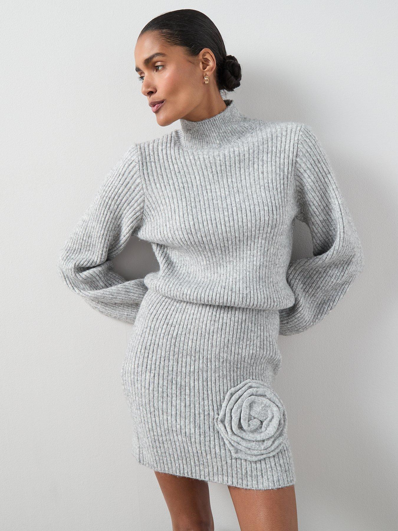 Image 5 of 6 of The Very Collection Timeless Yarn Funnel Neck 3D Flower Dress - Grey