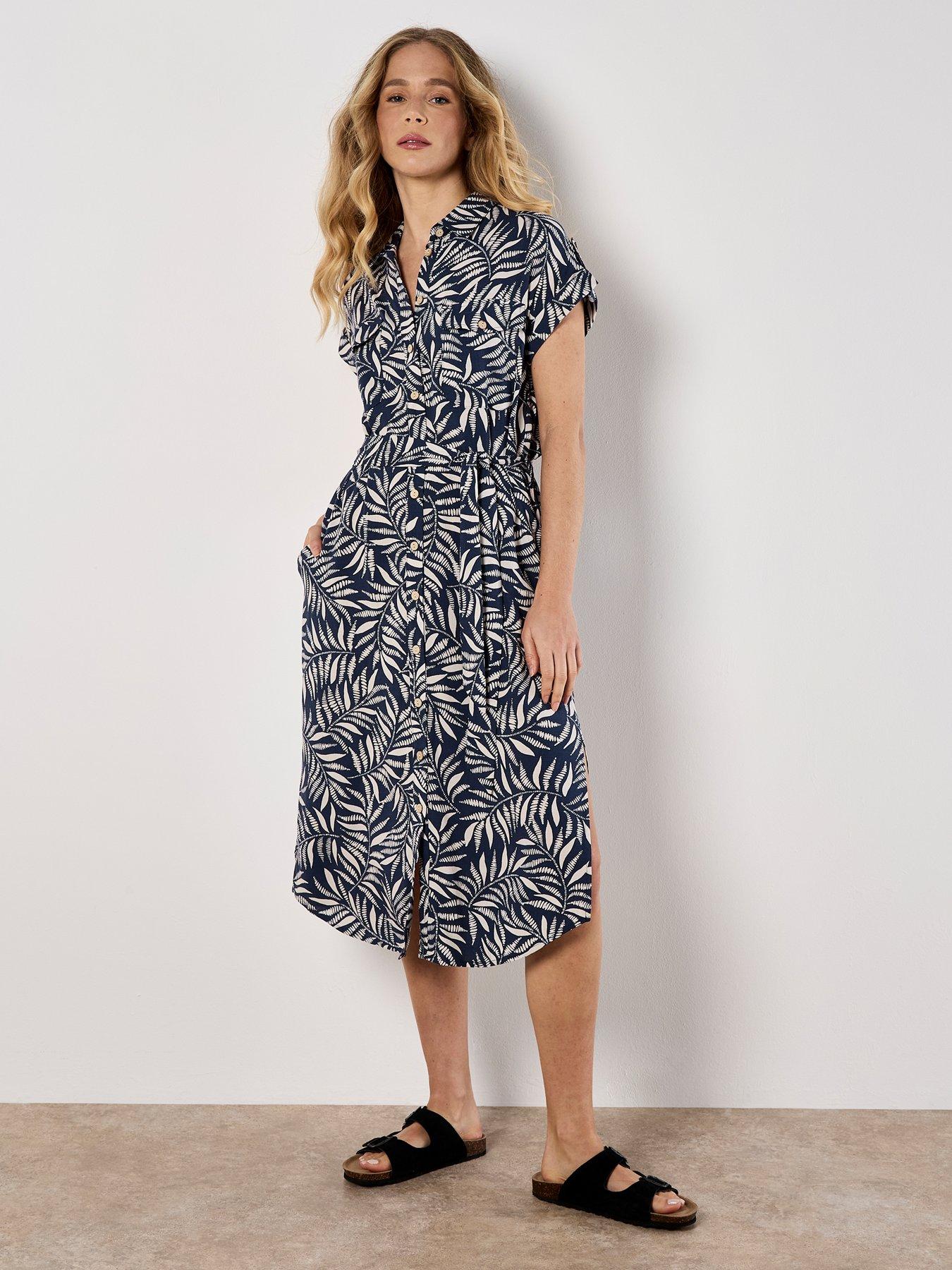 undefined Apricot Flowing Leaves Belted Shirt Dress