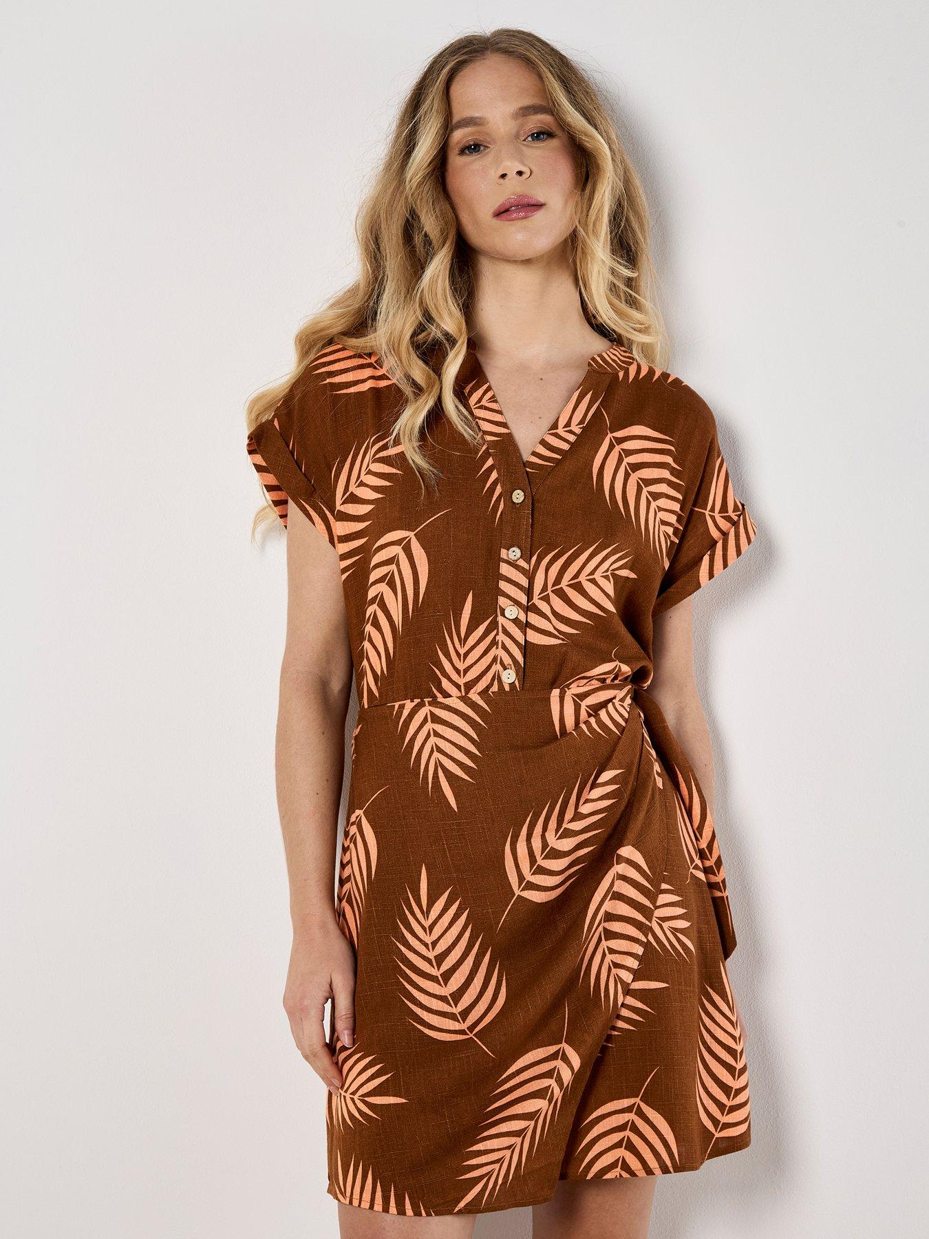 undefined Tropical Leaf Wrap Dress - Orange