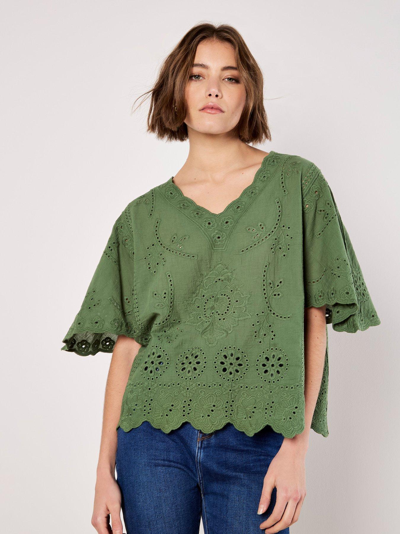 undefined Embroidered Cotton V-neck Top