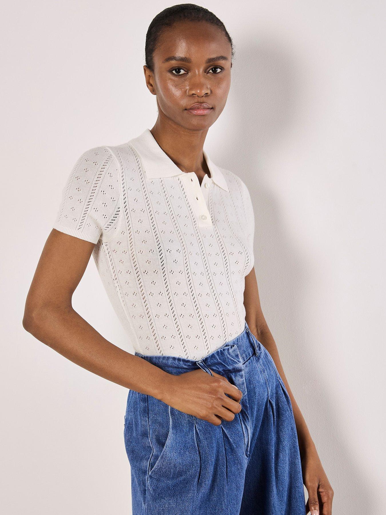 undefined Pointelle Fine Knit Polo T-Shirt - Cream