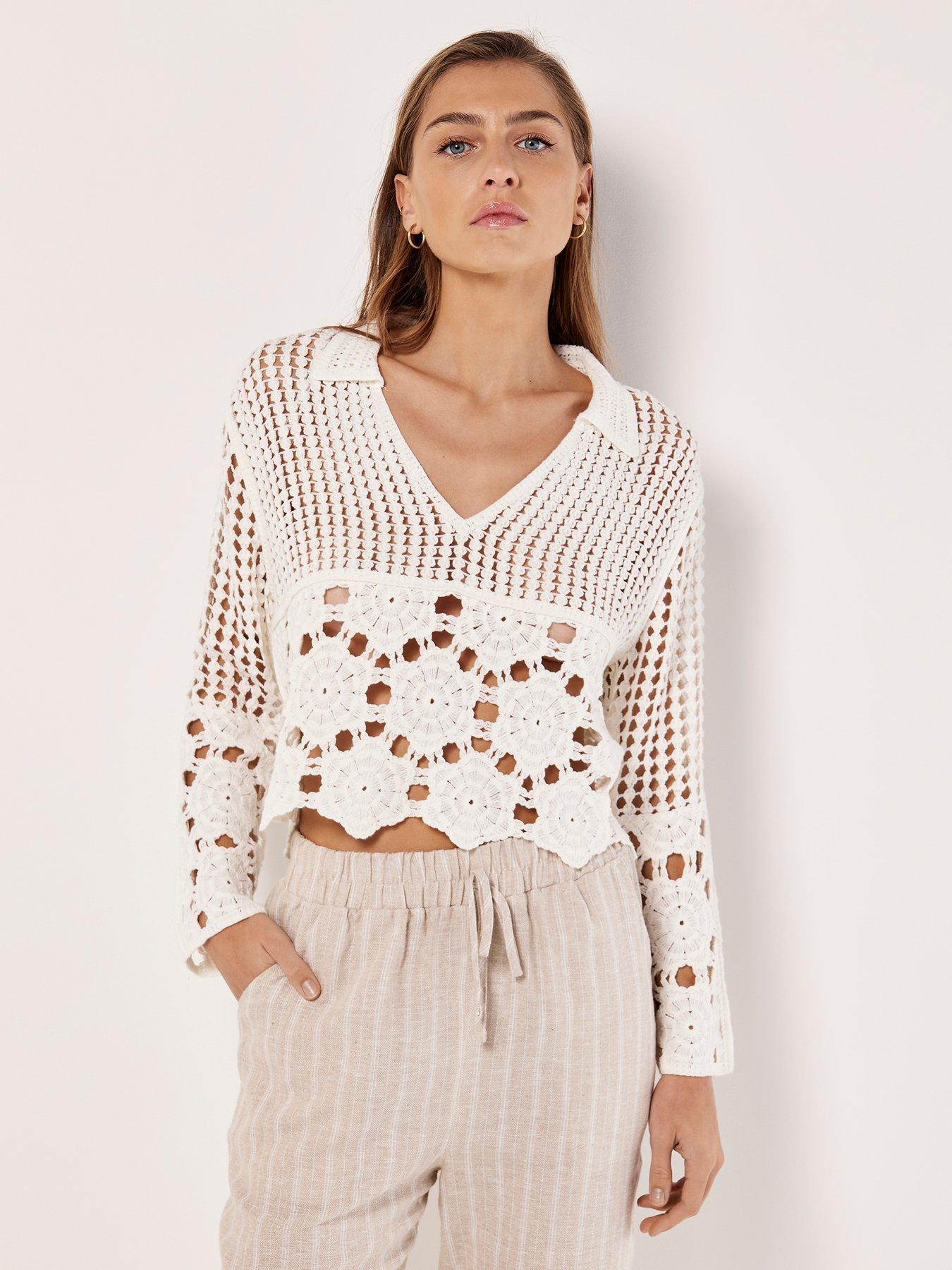 undefined Two Layer Crochet Collar L/s Top