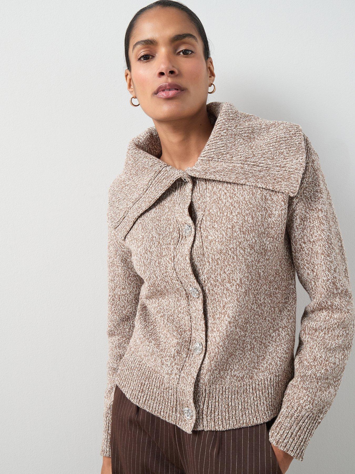 The Very Collection: Collared Neck Twist Yarn Cardigan With Wool - Brown