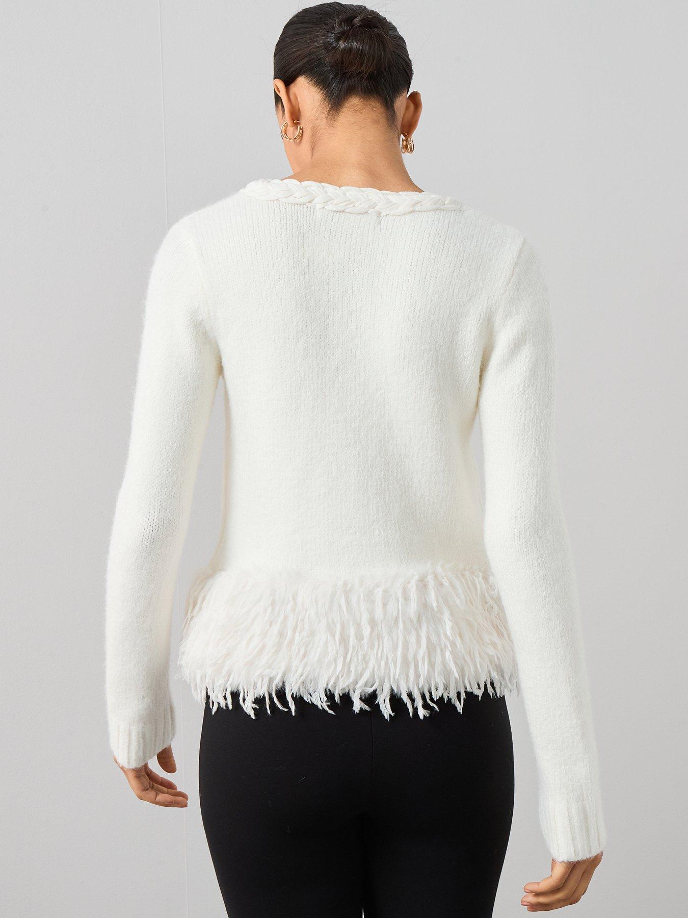Image 2 of 6 of The Very Collection Plait Detail Faux Fur Trim Cardigan - Cream