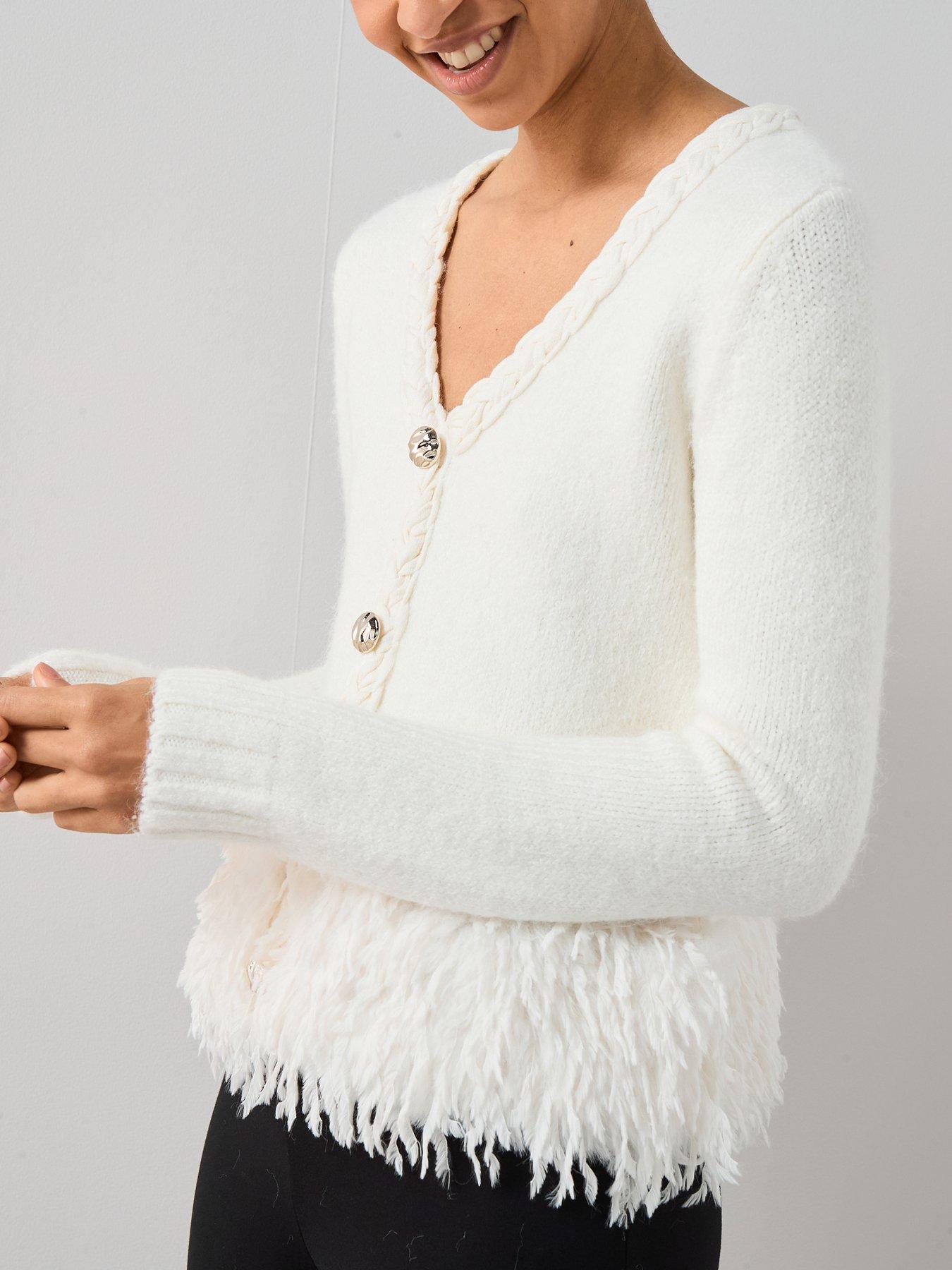 Image 6 of 6 of The Very Collection Plait Detail Faux Fur Trim Cardigan - Cream