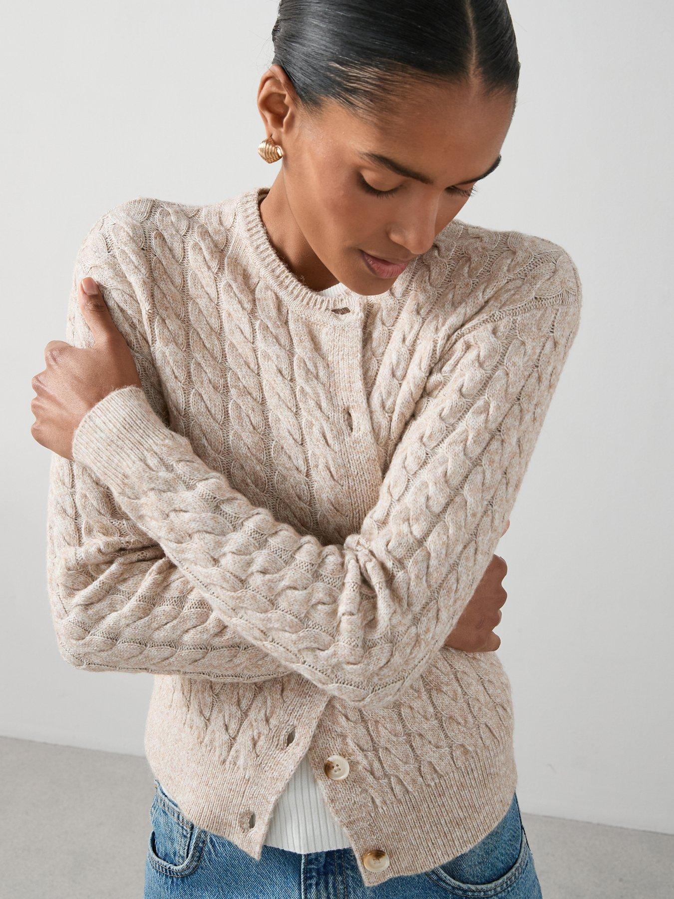 Image 4 of 7 of The Very Collection Timeless Yarn Crew Neck Cable Cardigan - Neutral