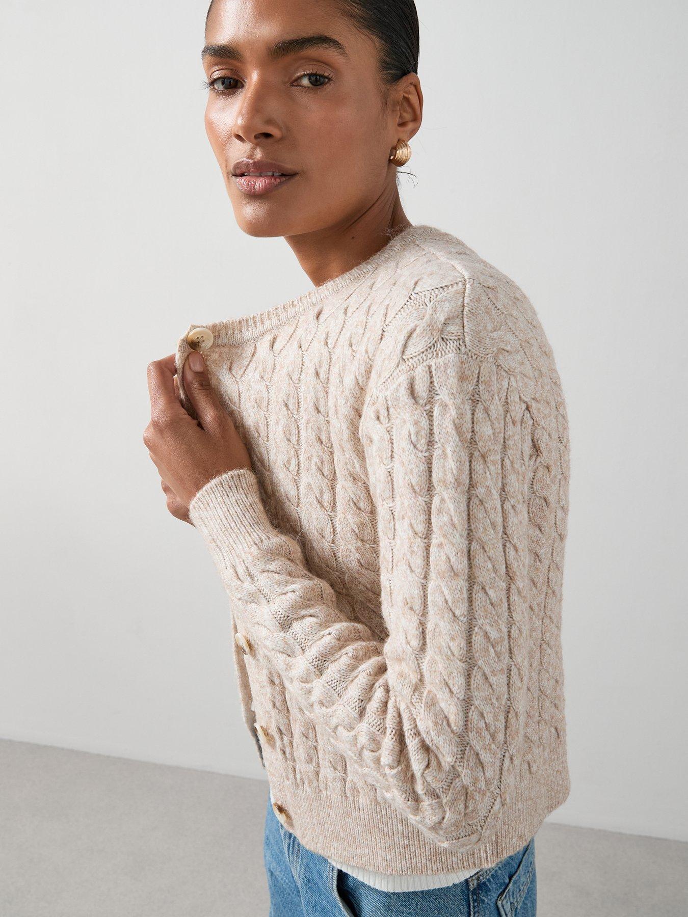 Image 6 of 7 of The Very Collection Timeless Yarn Crew Neck Cable Cardigan - Neutral