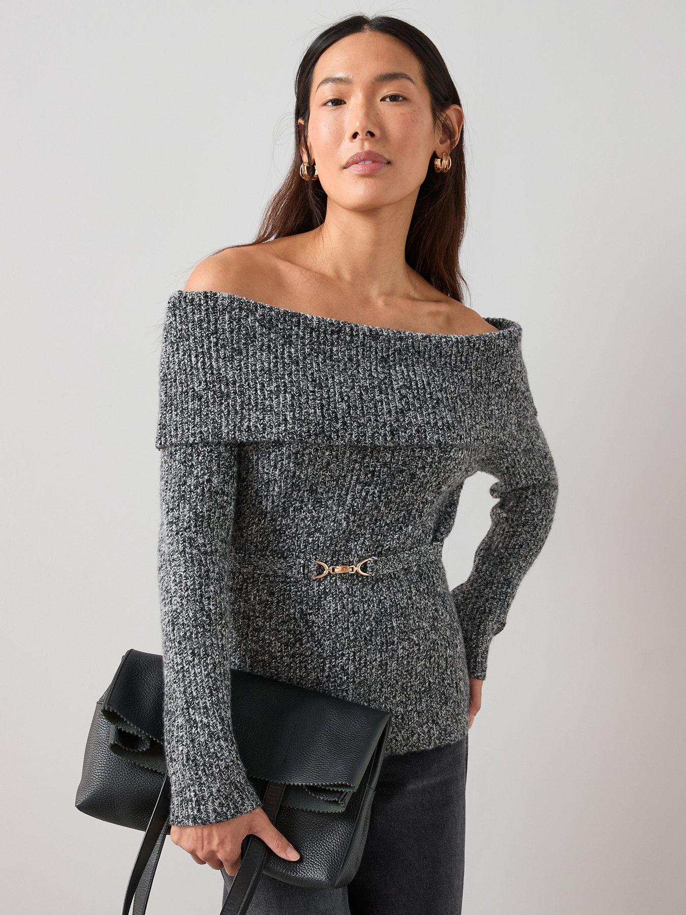 Image 1 of 6 of The Very Collection Bardot Belted Twist Yarn Jumper With Wool - Grey