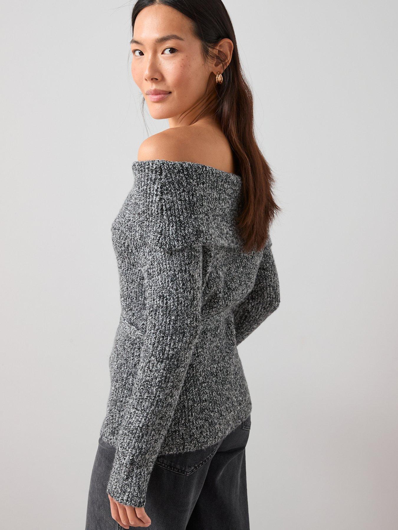 Image 2 of 6 of The Very Collection Bardot Belted Twist Yarn Jumper With Wool - Grey