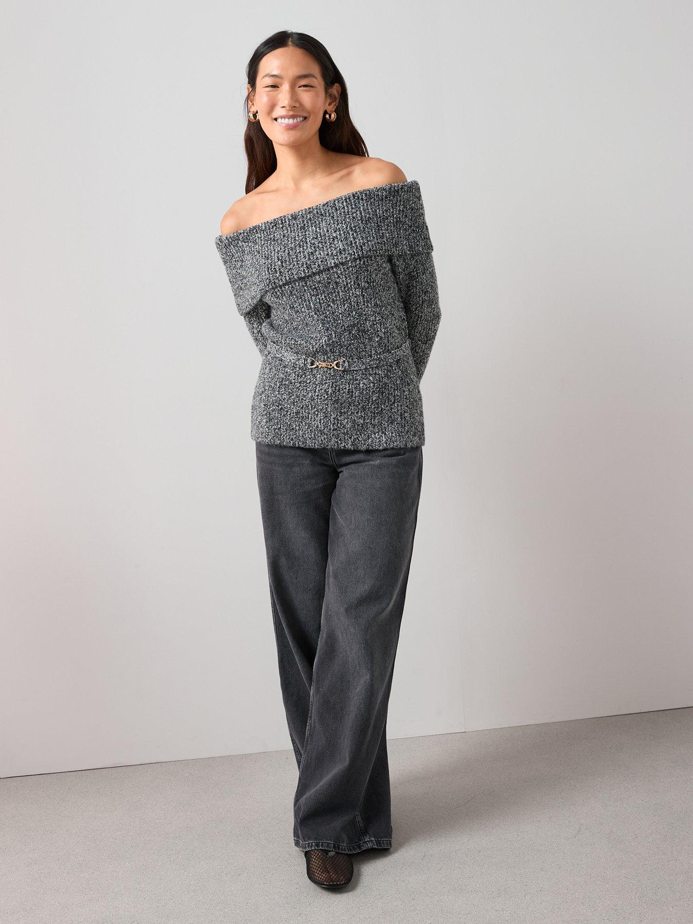 Image 3 of 6 of The Very Collection Bardot Belted Twist Yarn Jumper With Wool - Grey