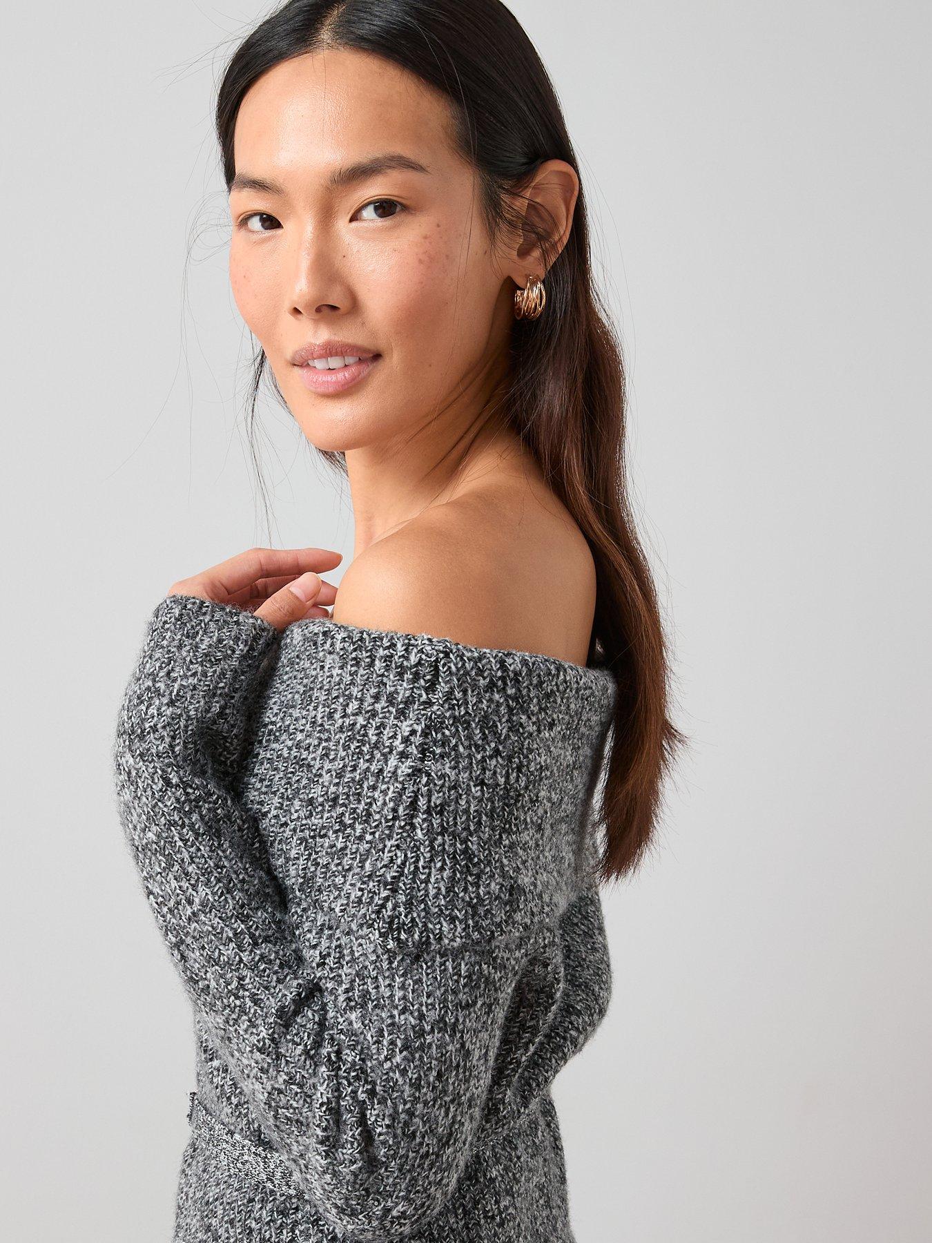 Image 4 of 6 of The Very Collection Bardot Belted Twist Yarn Jumper With Wool - Grey