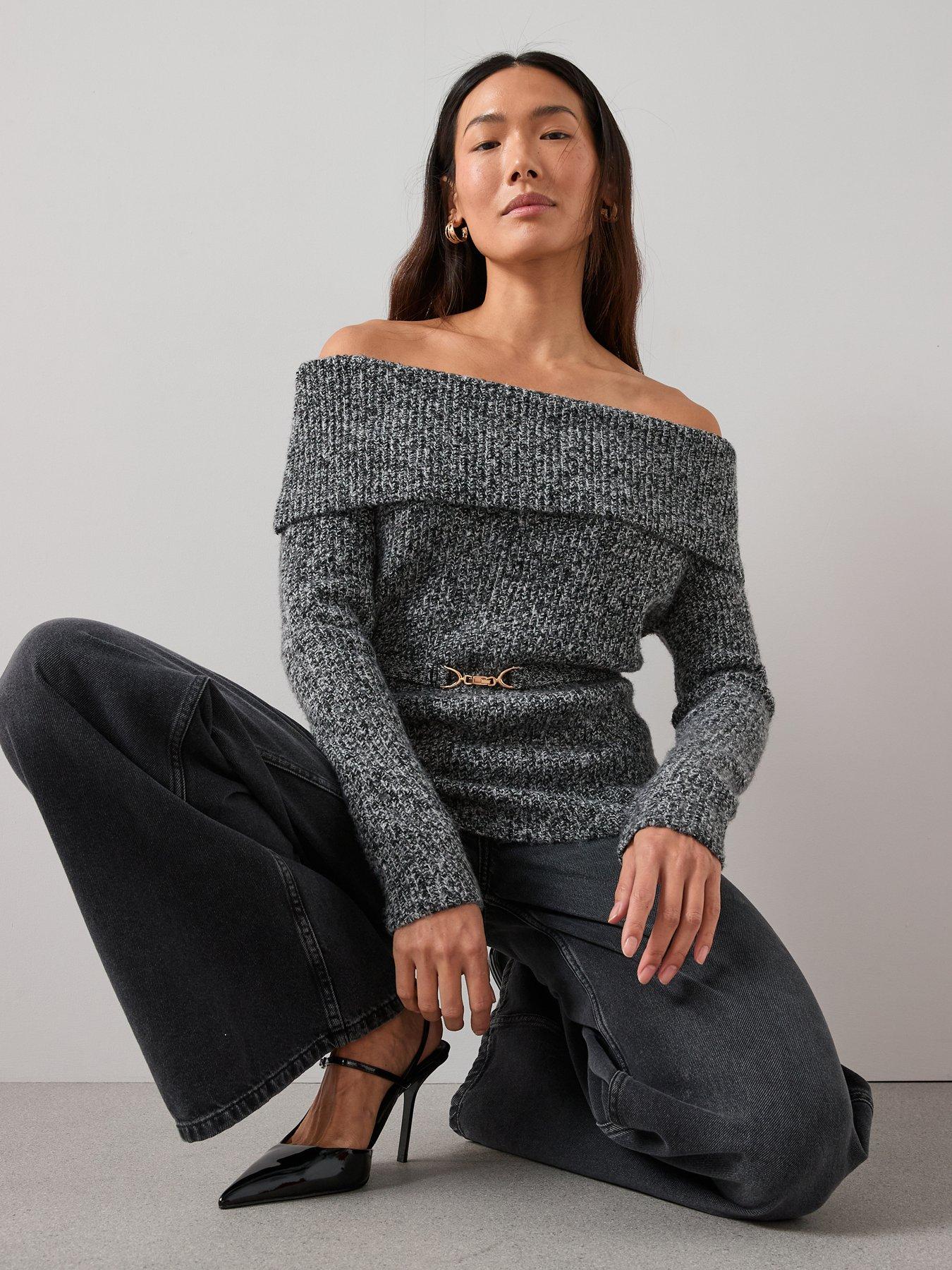 Image 6 of 6 of The Very Collection Bardot Belted Twist Yarn Jumper With Wool - Grey
