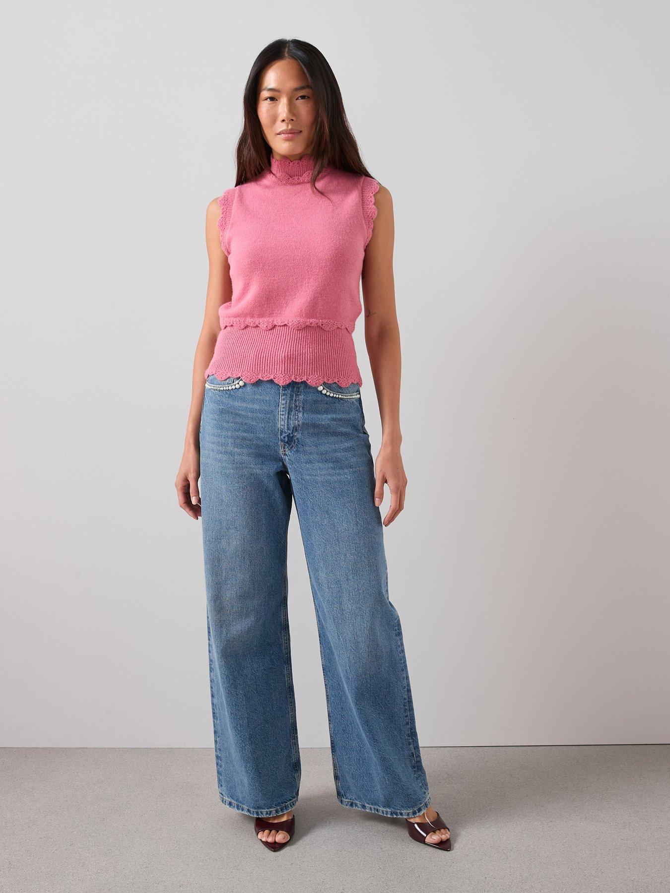 Image 3 of 7 of The Very Collection Funnel Neck Picot Trim Sleeveless Vest - Pink