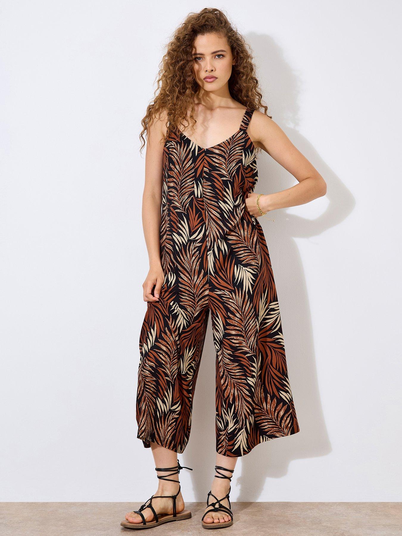 undefined Print Wide Leg Jumpsuit - Black/Brown/Orange
