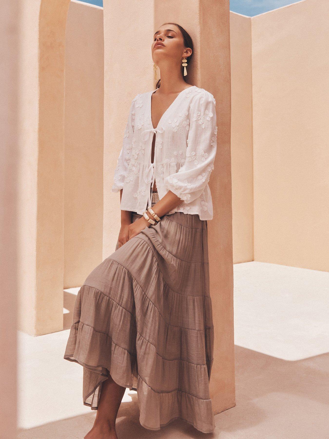 undefined Tie Up Embroidered Linen Mix Top