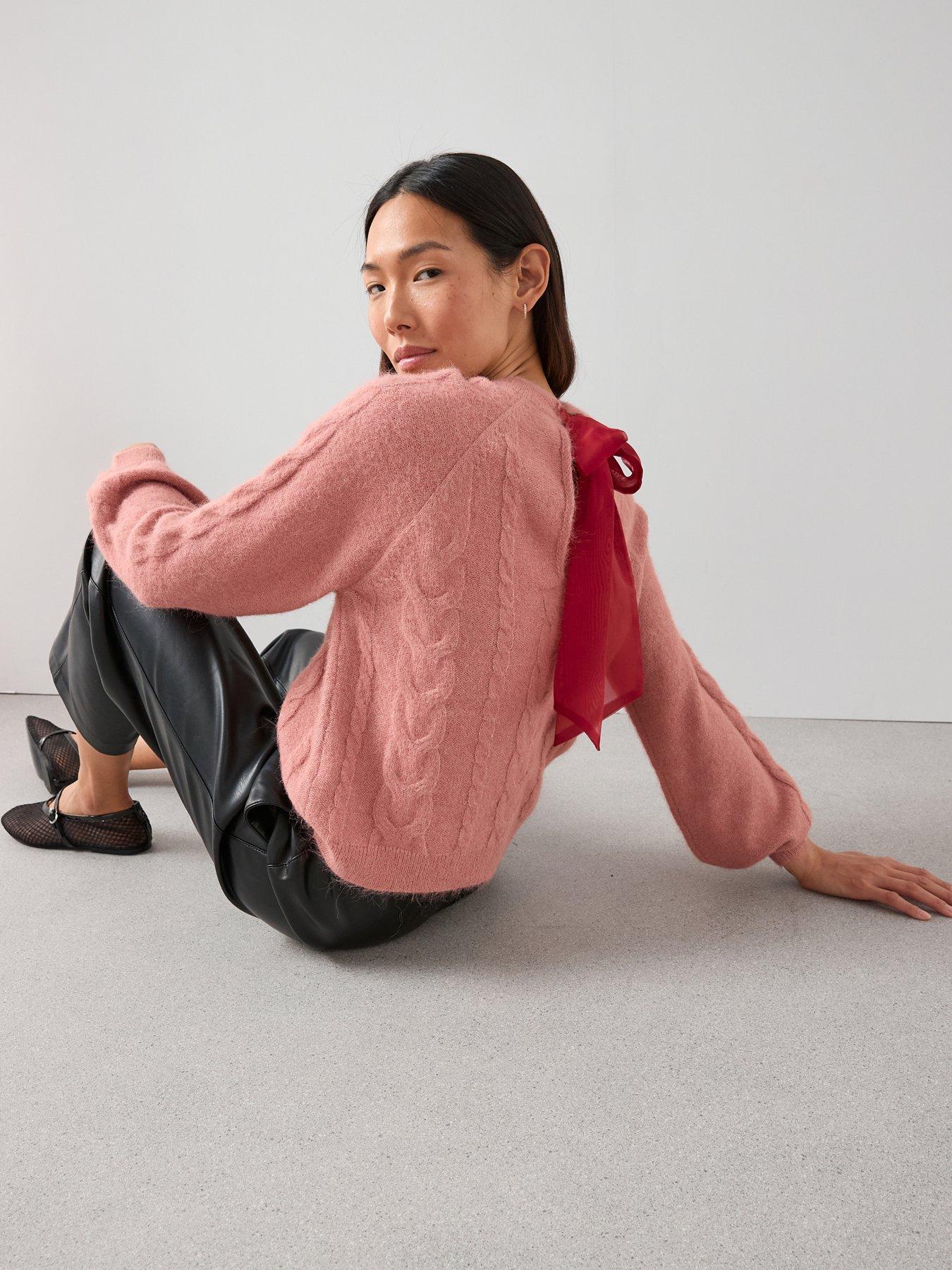Image 1 of 7 of The Very Collection Crew Neck Bow Back Cable Jumper - Pink