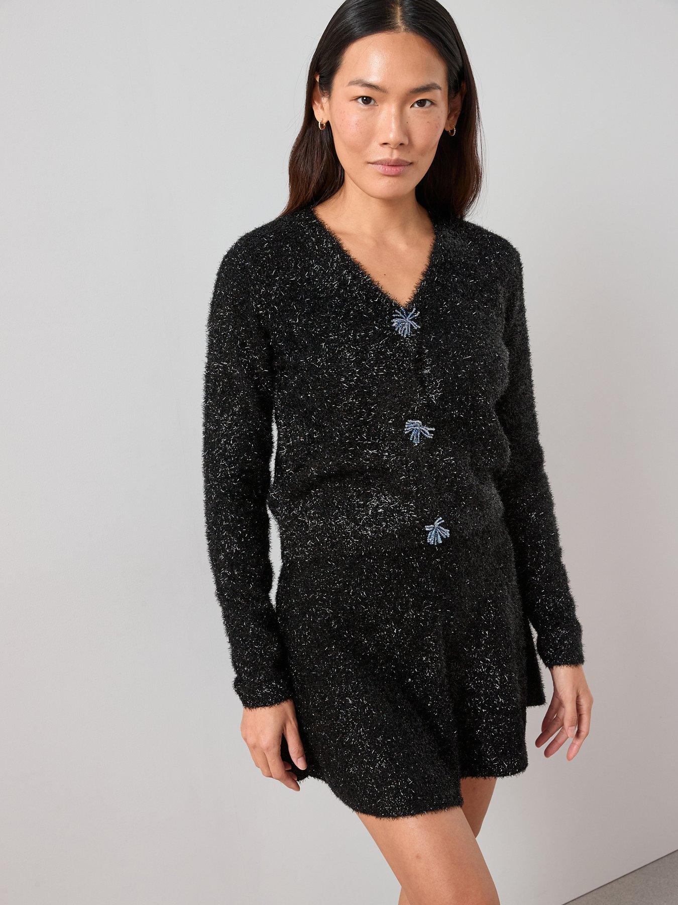 The Very Collection: V Neck Tinsel Knitted Cardigan Co-Ord - Black