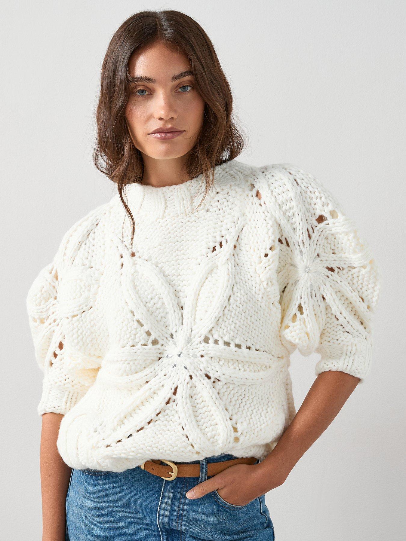 Image 1 of 6 of The Very Collection Crew Neck Hand Knitted Embellished Jumper - Cream
