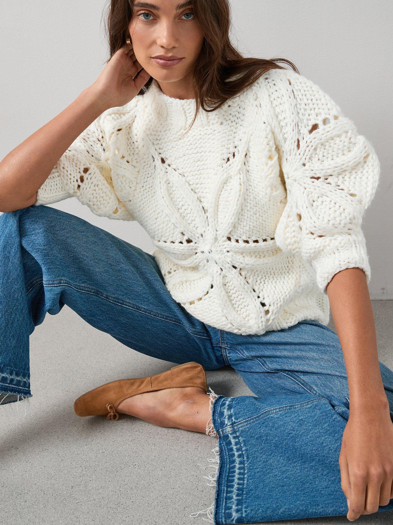 Image 5 of 6 of The Very Collection Crew Neck Hand Knitted Embellished Jumper - Cream