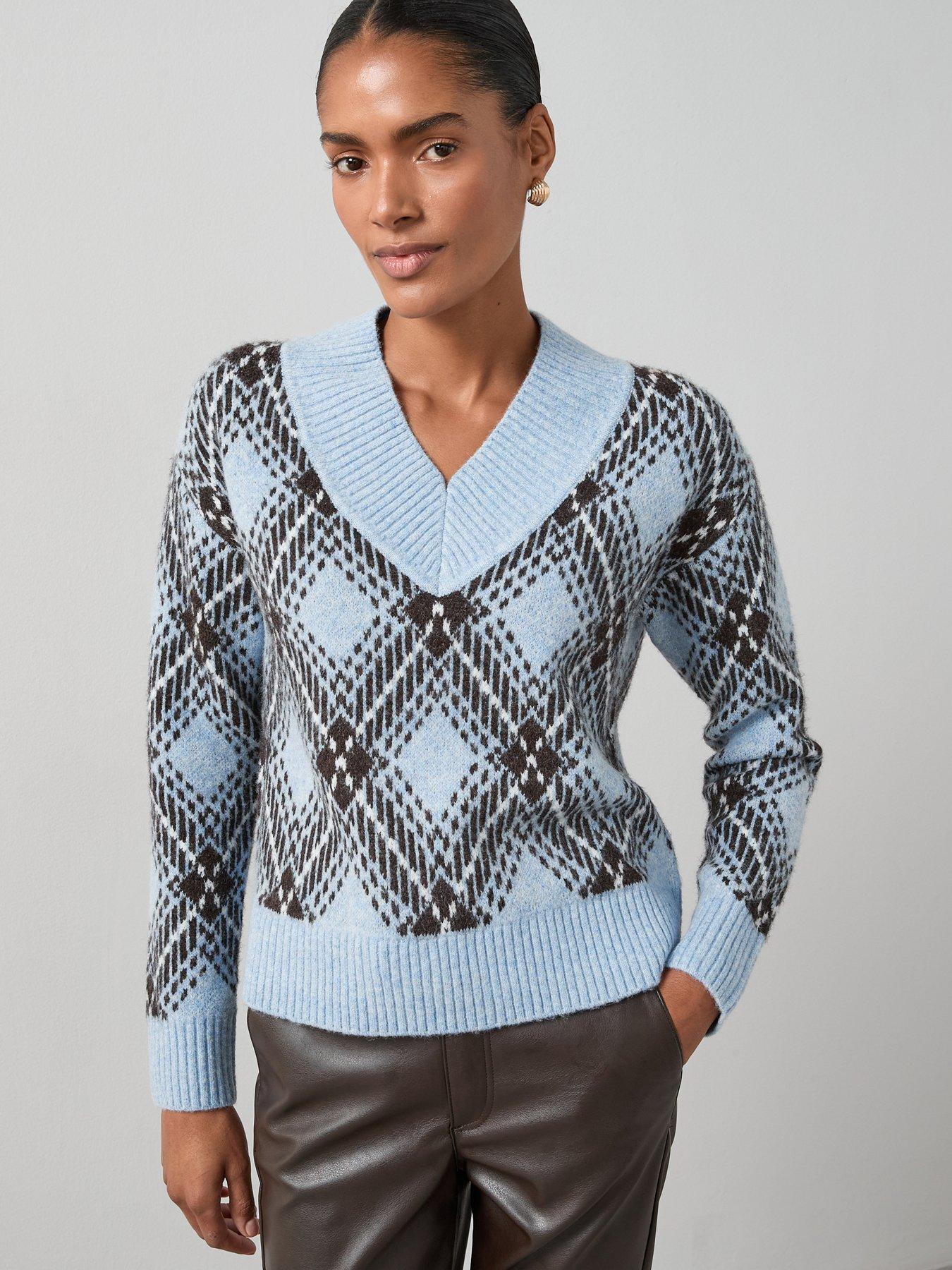 Image 1 of 6 of The Very Collection Deep V Neck Argyle Jacquard Jumper With Wool - Blue