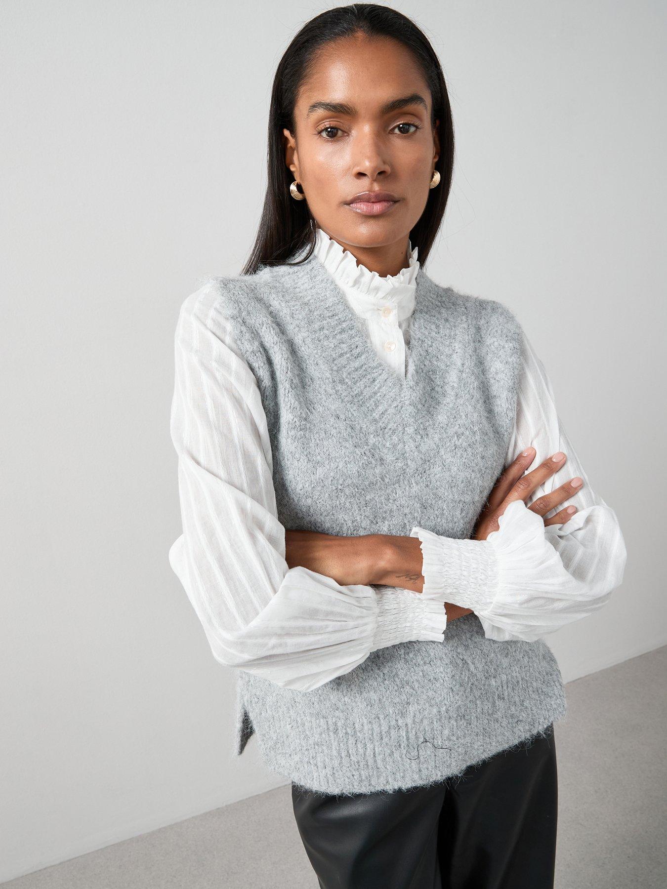 undefined V Neck Sleeveless Knitted Tank - Grey