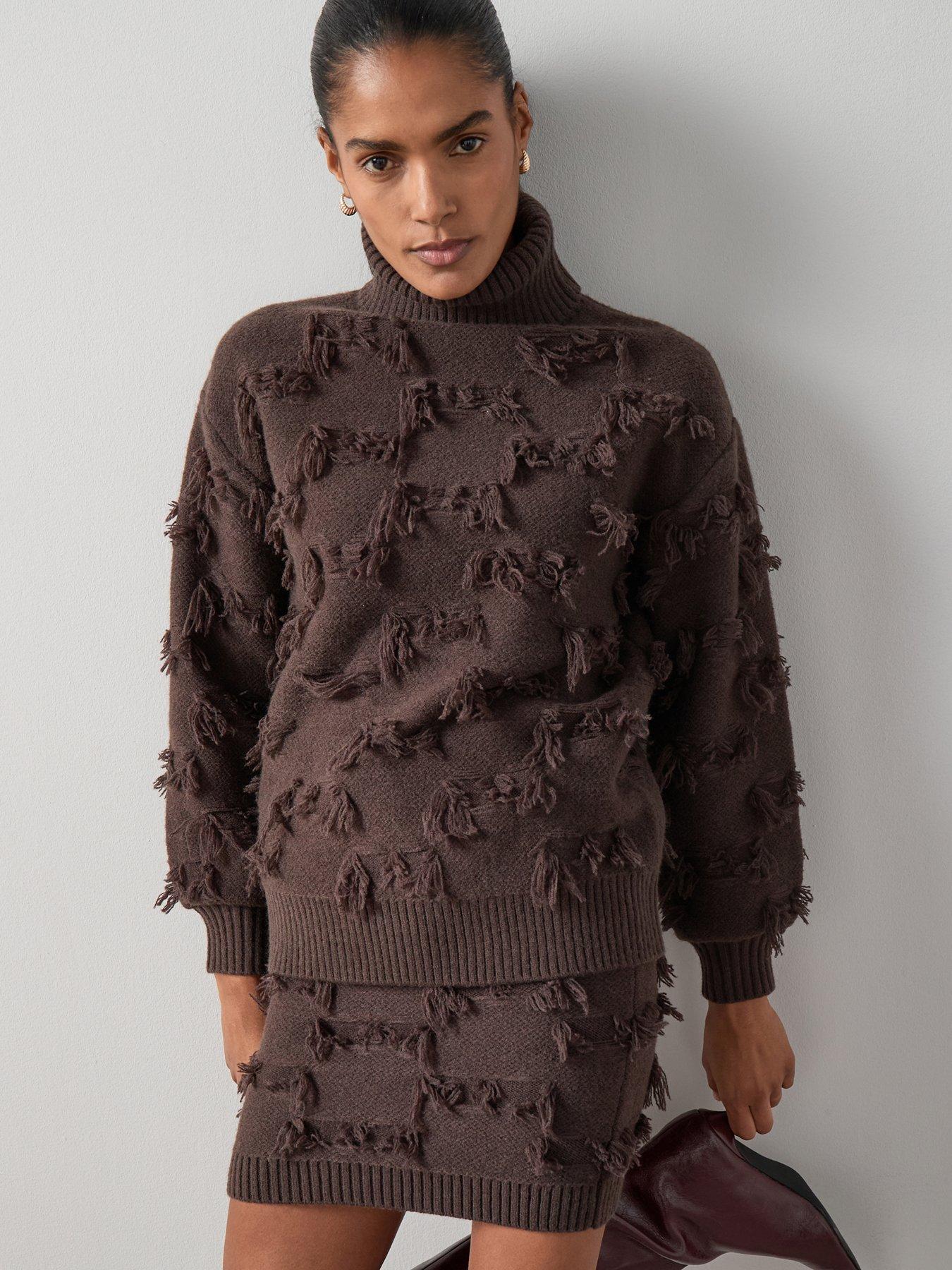 The Very Collection Timeless Yarn Roll Neck Fringe Jumper Coord - Brown