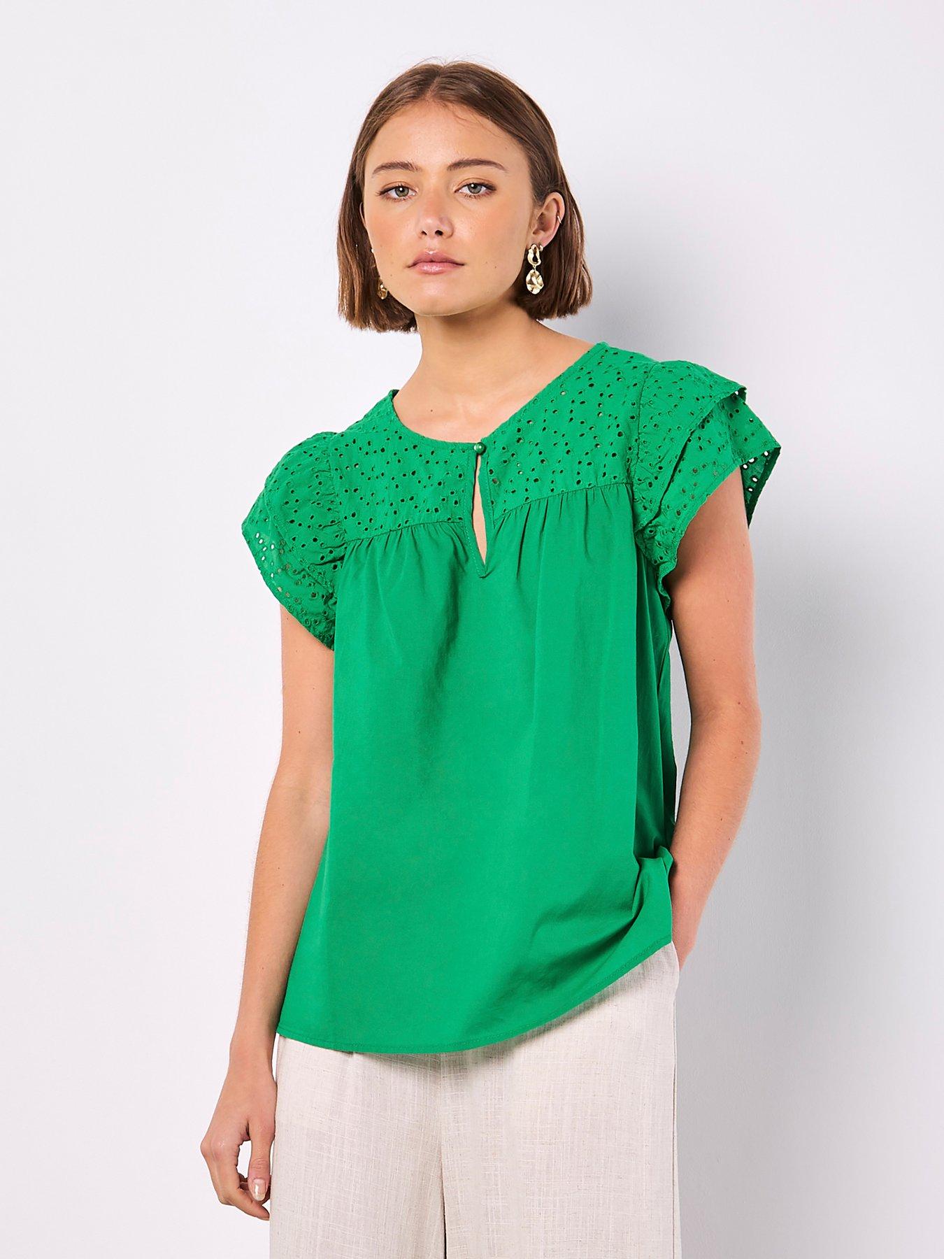 undefined Broderie Yoke Cotton Mix Top - Green