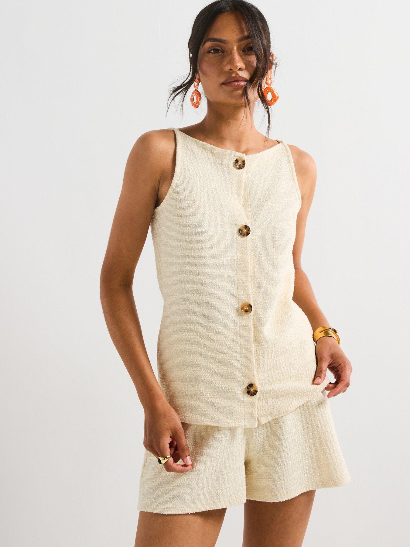 undefined Button Up Square Neck Vest Co-Ord - Cream