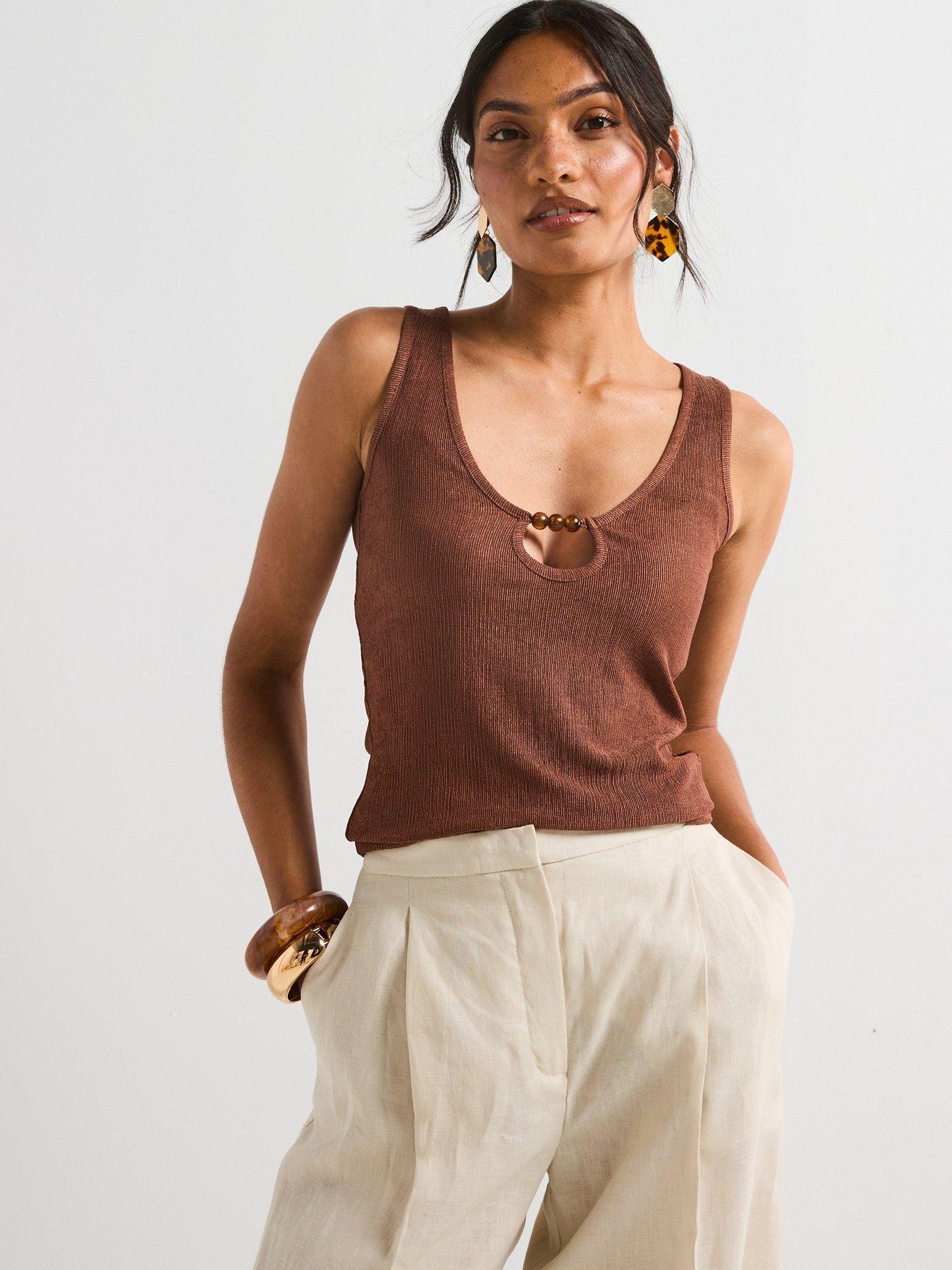 undefined Cut Out Beaded Top - Brown