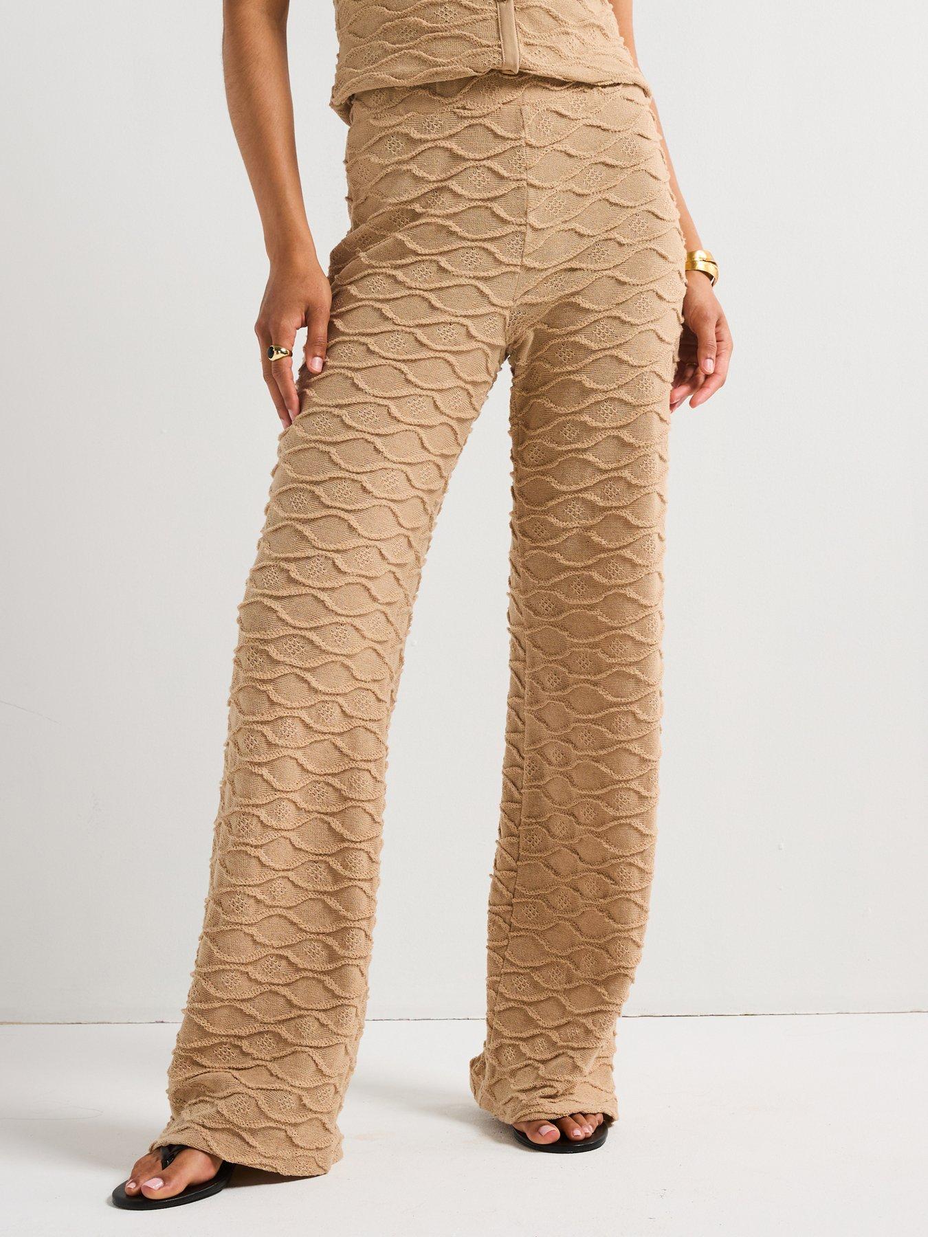 undefined Wide Leg Textured Trousers - Taupe
