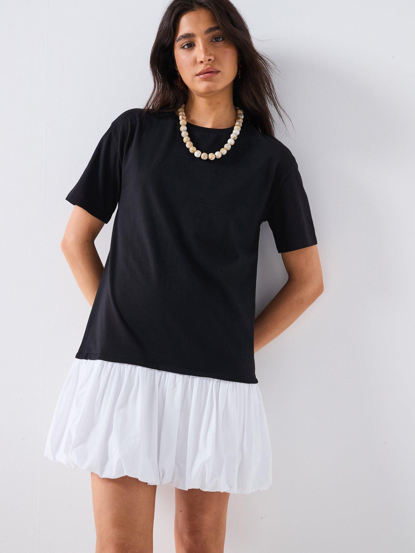 undefined Puff Ball Crew Neck Mini Dress - Black