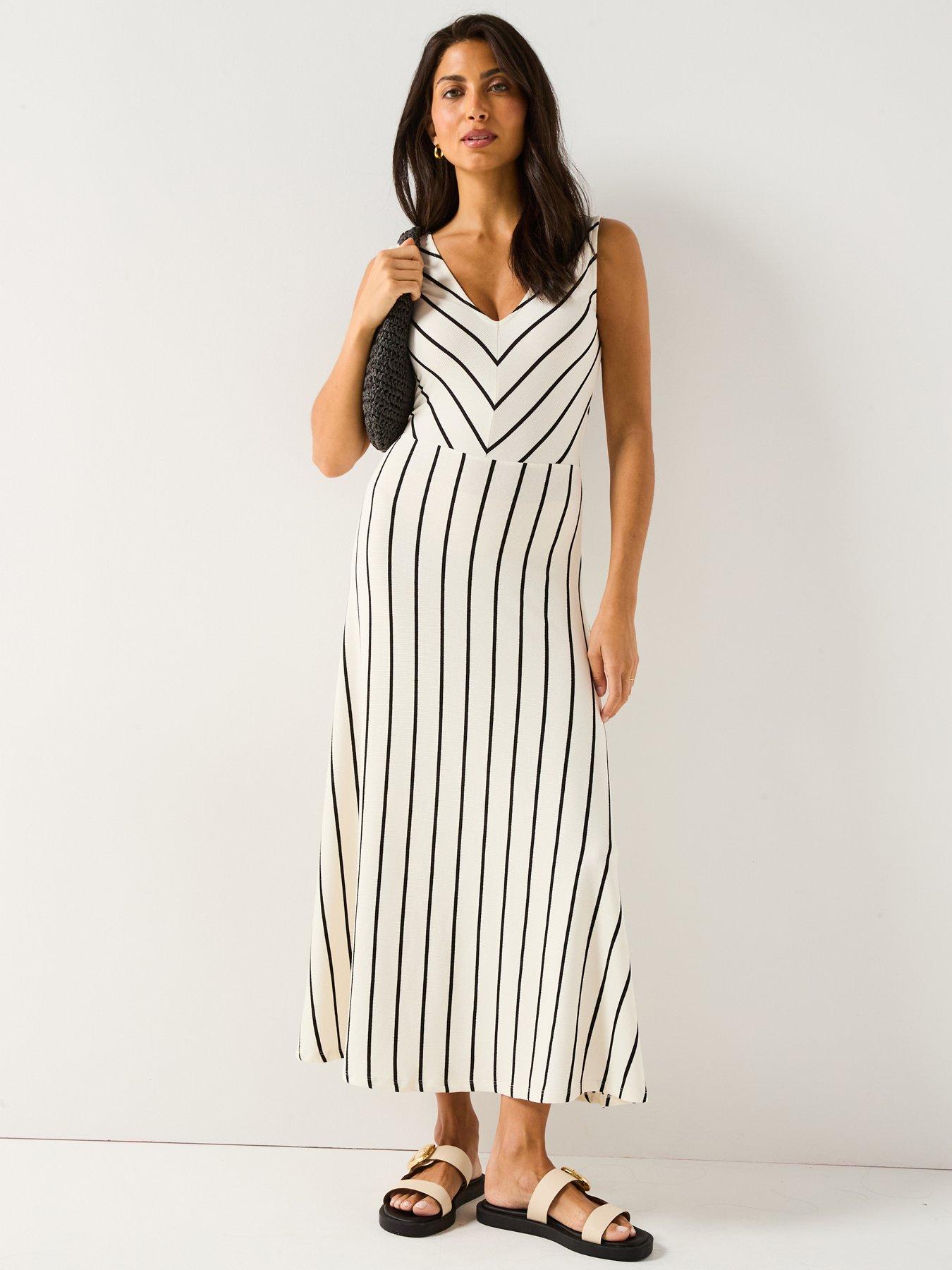 undefined Textured Stripe Midaxi Dress - Cream/Black
