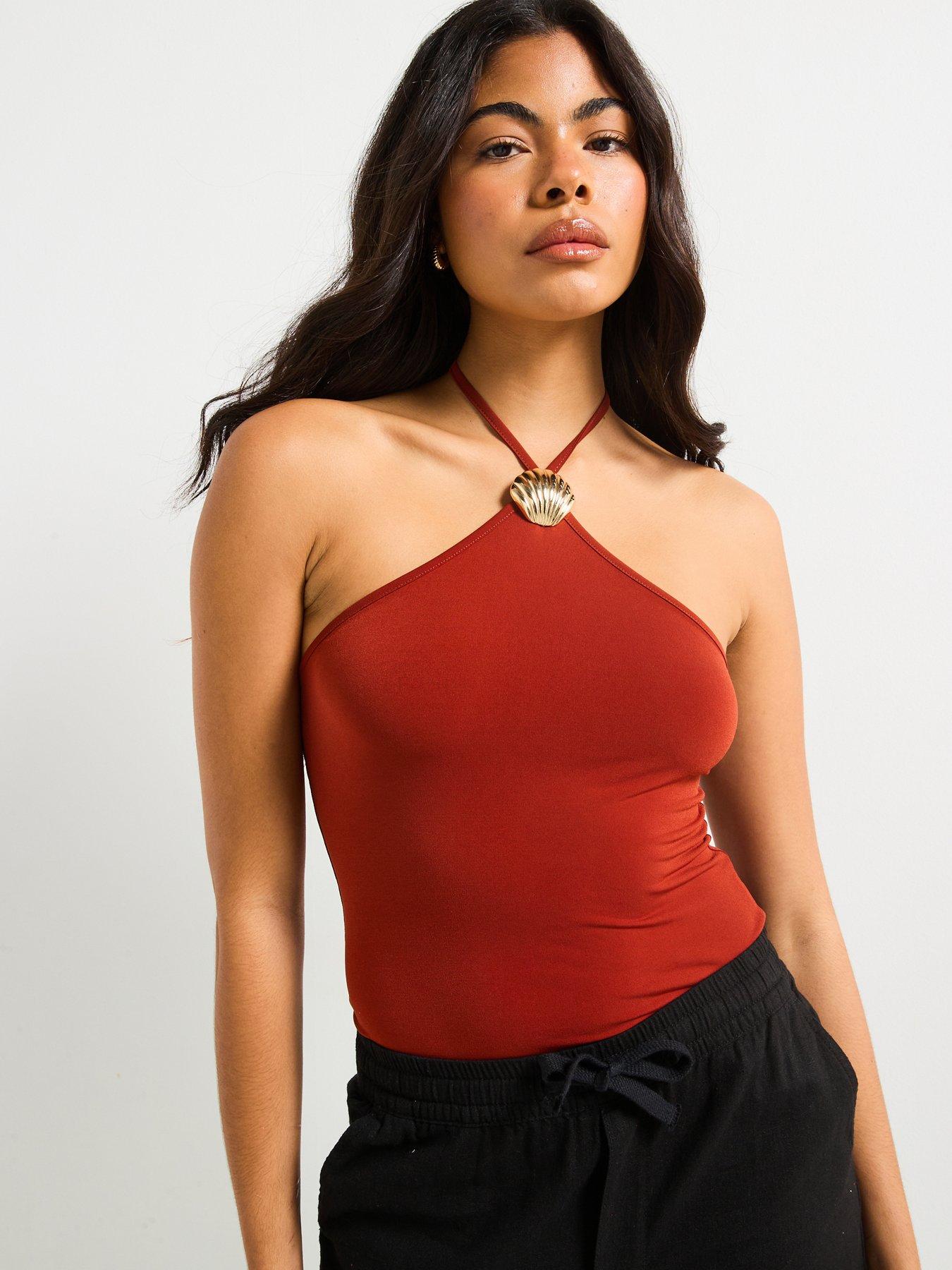 Image 1 of 6 of V by Very Shell Detail Halter Neck Top - Orange