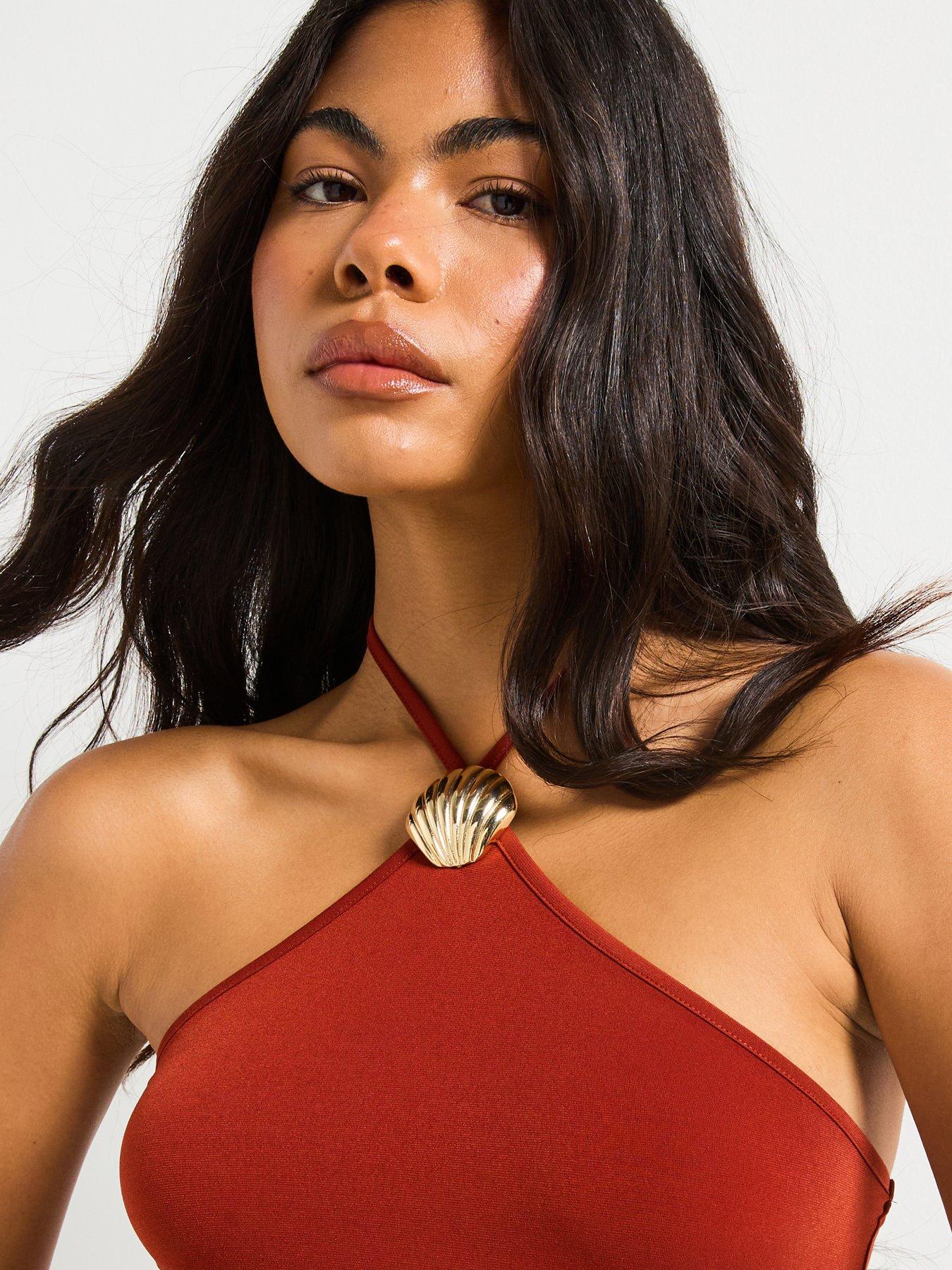 Image 4 of 6 of V by Very Shell Detail Halter Neck Top - Orange